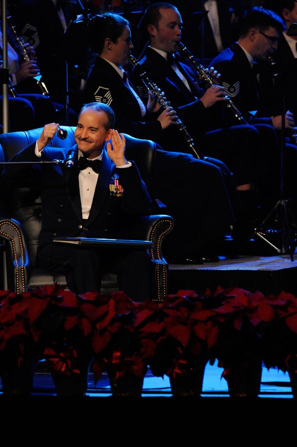 The Concert Band, with help from Master Sgt. Phil Krzywicki, tells the story of “The Polar Express”.  This year’s holiday program, “Hooray for Holidays”, took place at Daughter’s of the American Revolution Constitution Hall in Washington, D.C., and featured holiday music from stage, television, and movies.  (Photo by SrA Tim Chacon)