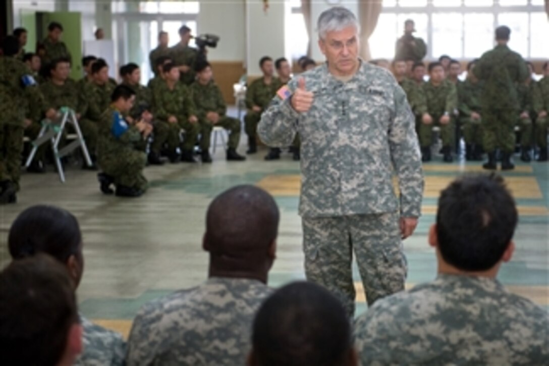 Chief of Staff of the Army Gen. George W. Casey Jr. shares his insight on the current events within the Army with U.S. soldiers at Camp Higashi-Chitose, Japan, on Dec. 16, 2009.  