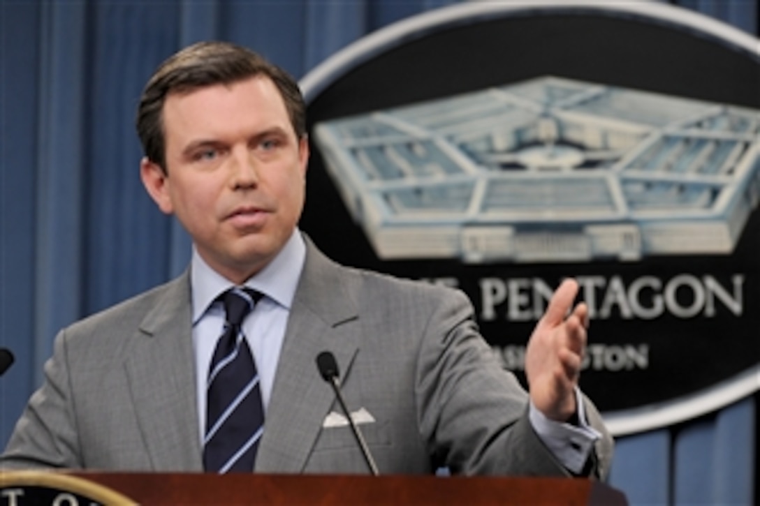 Pentagon Press Secretary Geoff Morrell conducts a press briefing to update reporters in the Pentagon on Dec. 16, 2009.  