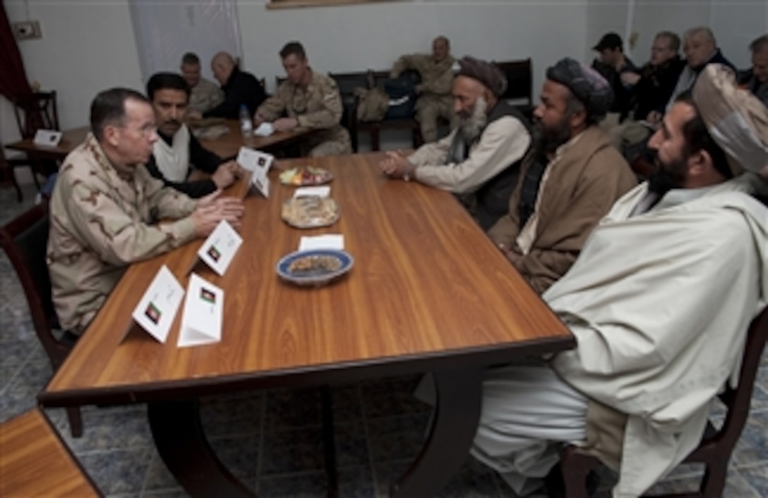 Chairman of the Joint Chiefs of Staff Adm. Mike Mullen, U.S. Navy, participates in a shura with local Kandahar elders on Dec. 17, 2009.  
