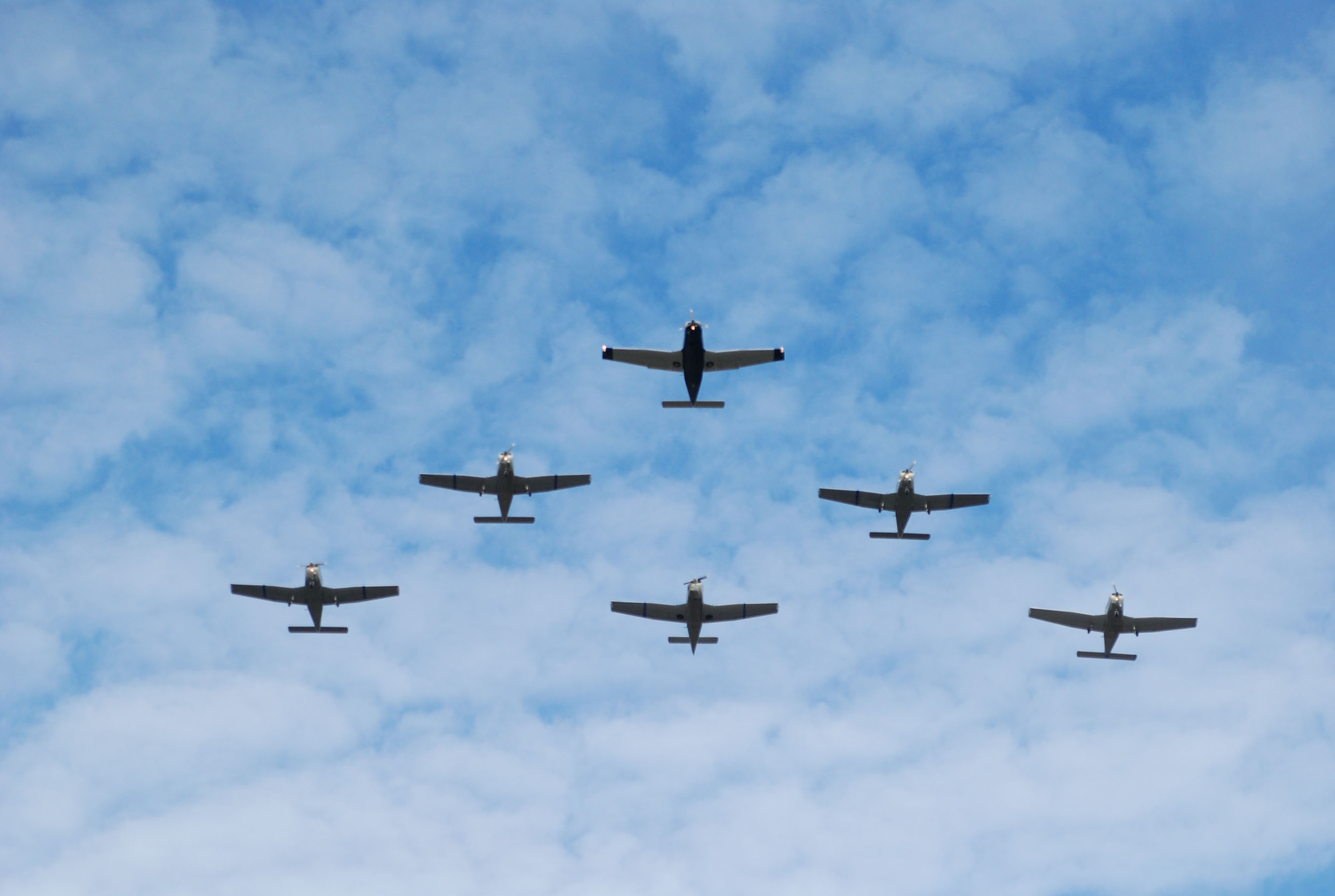 A 6-ship formation of Wright-Patterson Air Force Base, Ohio, Aero Club aircraft performs a flyover Dec. 17, 2009, during a ceremony marking the 106th anniversary of the Wright brothers' first powered flight.  Flight lead was retired Lt. Col. R. Kevin Adams, the Aero Club's safety officer and formation flight program manager. The event took place over the Wright Brothers Memorial, part of the Dayton Aviation National Historical Park. (U.S. Air Force photo/Bonnie White)