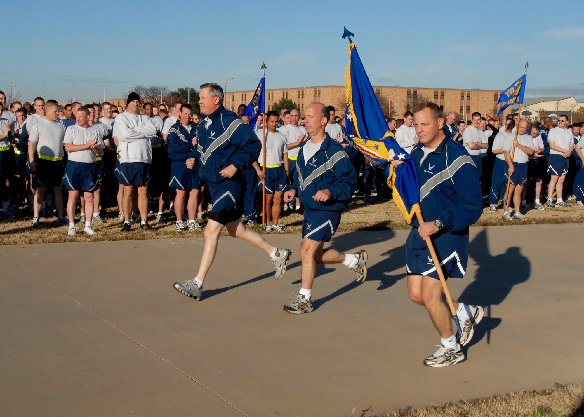 Wing leadership (from left to right), Brig. Gen. O.G. Mannon, 82nd Training Wing commander; Col. Michael Hake, 82nd TRW vice commander; and Chief Master Sgt. Kenneth Sallinger, 82nd TRW command chief, led the Wing Run Dec. 17. The entire 82nd Training Wing ended this year’s Wingman Day by participating in a 3-mile run around the base. (U.S. Air Force photo/Mike Litteken)
