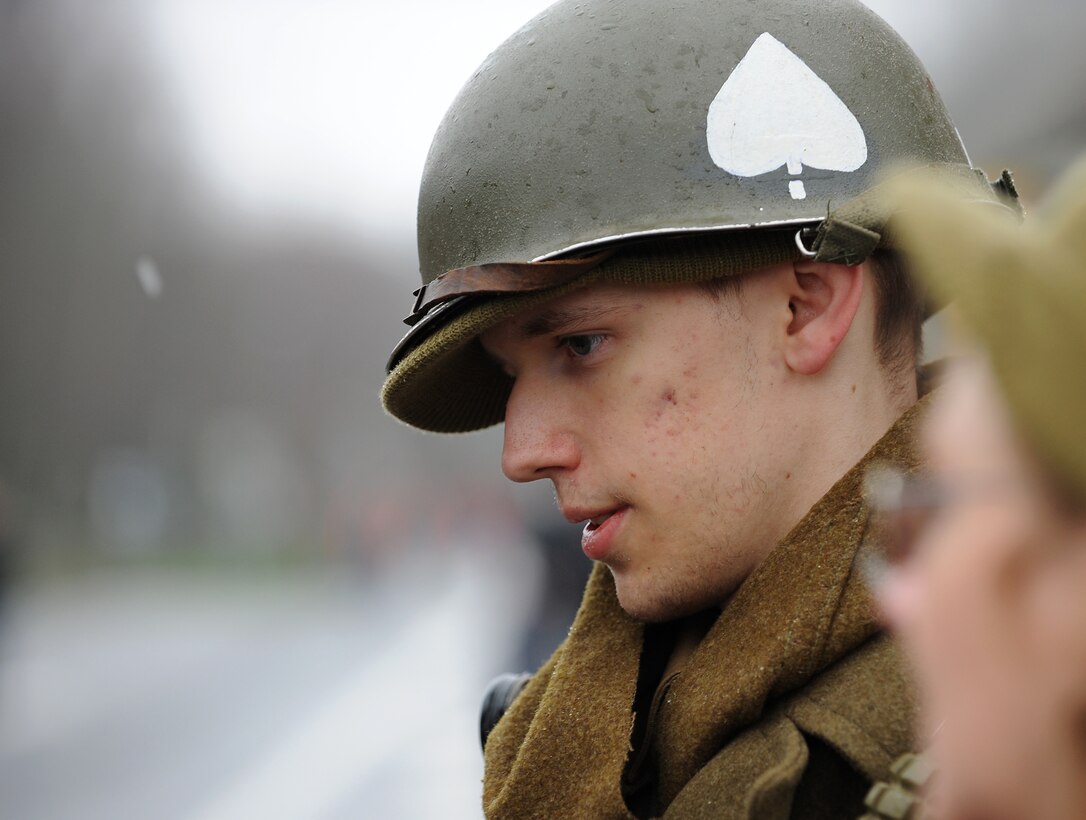 Francois Gryson, from Charleroi, Belgium, takes a break Dec. 12, 2009, during the 32nd Bastogne Historic Walk in Bastogne, Belguim. The walk commemorated the 65th anniversary of the liberation of Bastogne and the Battle of the Bulge. (U.S. Air Force photo/Airman 1st Class Nathanael Callon)