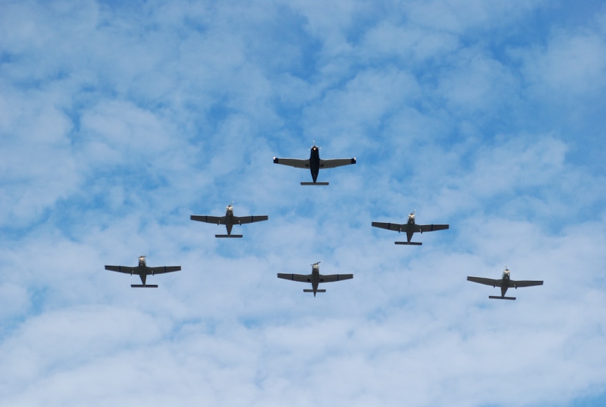 A 6-ship formation of Wright-Patt Aero Club aircraft performs a flyover Dec. 17, 2009 at Wright-Patterson Air Force Base, Ohio during a ceremony marking the 106th anniversary of the Wright Brothers first powered flight. Flight lead was retired Lt. Col. “Thing” Adams, the Aero Club’s safety officer and formation flight program manager. The event took place over the Wright Memorial, part of the Dayton Aviation National Historical Park. (U.S. Air Force photo/Bonnie White)