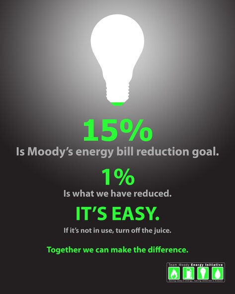 MOODY AIR FORCE BASE, Ga. -- As part of an Air Force energy conservation initiative, Team Moody has set a goal to reduce15 percent of its energy bill by October 2010. Currently, the base has achieved one percent of that goal, but there is still time to make a change. Remember, if it’s not in use, turn off the juice. (U.S. Air Force illustration by Staff Sgt. Elizabeth Rissmiller)