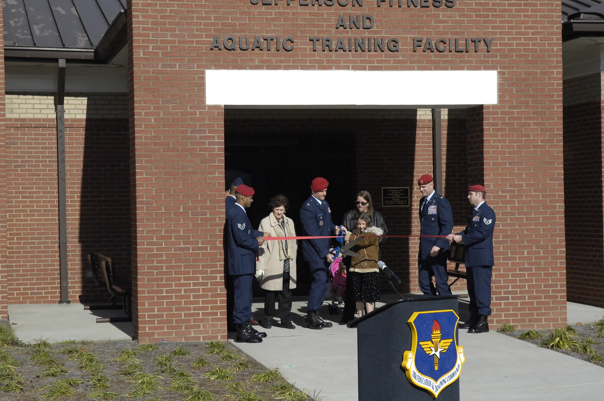 The new Jefferson Fitness and Aquatic Training Facility at the Combat Control School was dedicated Dec. 10 in memory of Tech. Sgt. William Jefferson Jr., who was a member of the 21st Special Tactics Squadron and former Combat Control School Instructor. Family, friends and fellow Airmen honored Sergeant Jefferson during the ceremony for his ultimate sacrifice on March 22, 2008, during his deployment to Afghanistan. (Photo by Rhonda Griffin)