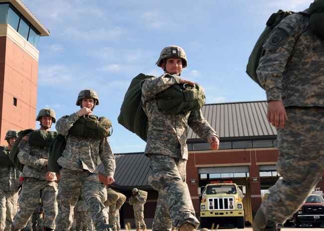Airborne Soldiers from the 2-319th Airborne Field Artillery, 82nd Airborne Division, Ft. Bragg, N.C., walk to a Charleston C-17 after being airdropped during a strategic brigade airdrop exercise over North Auxiliary Airfield near Northern, S.C., Dec. 16. 2009. The training mission also included cargo airdrops over North Auxiliary Airfield, aerial refueling training and simulated aeromedical evacuation. (U.S. Air Force photo/Senior Airman Katie Gieratz)(Released)