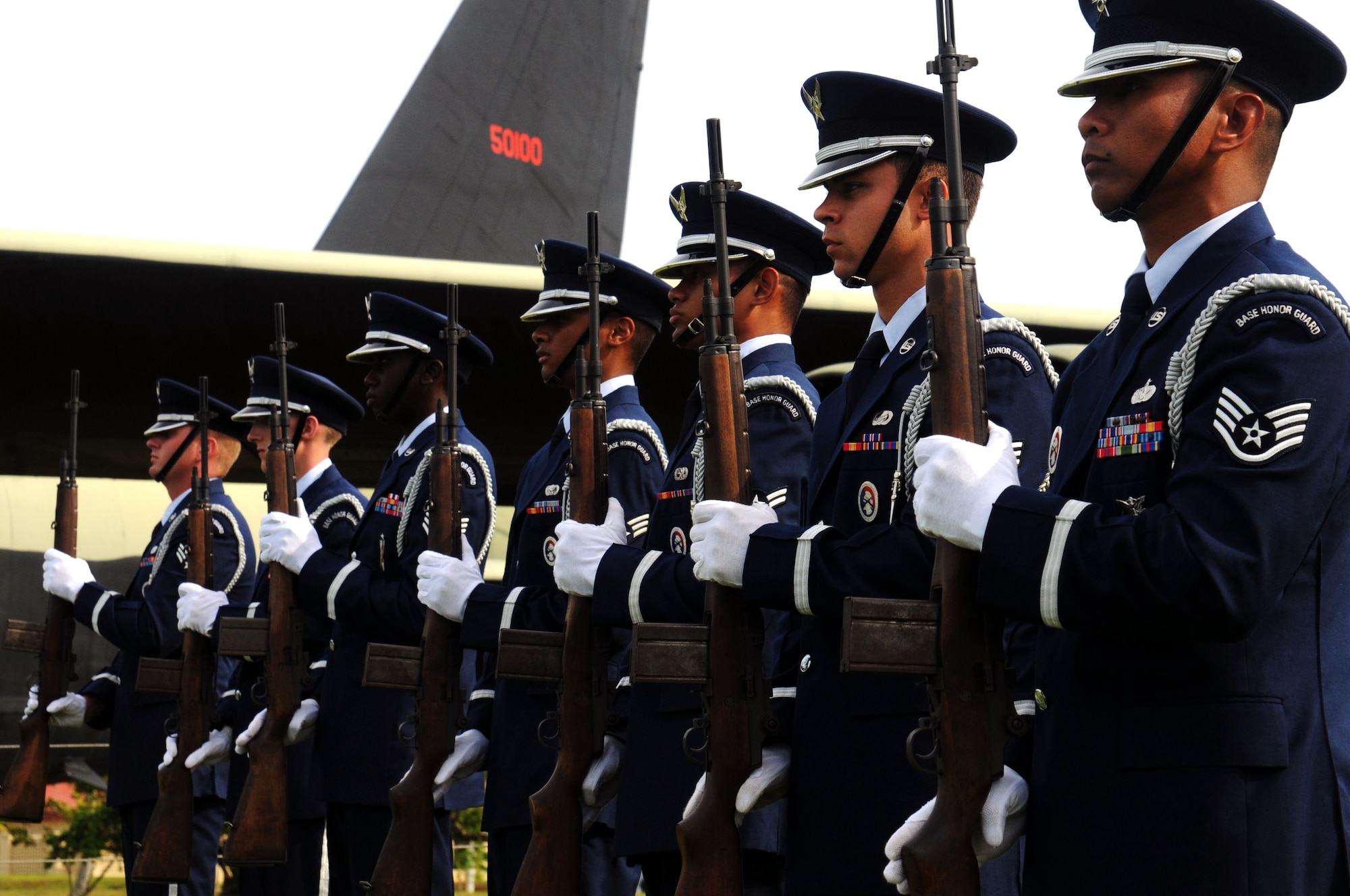 ANDERSEN AIR FORCE BACE, Guam - Members of the Andersen Honor Guard pay respect to those who sacrificed their lives during Operation Linebacker II at the Arc Light Memorial Park here Dec. 18. The ceremony commemorates the 37th anniversary of the campaign that led to the end of the Vietnam War. (U.S. Air Force Photo by Airman 1st Class Julian North/ released)