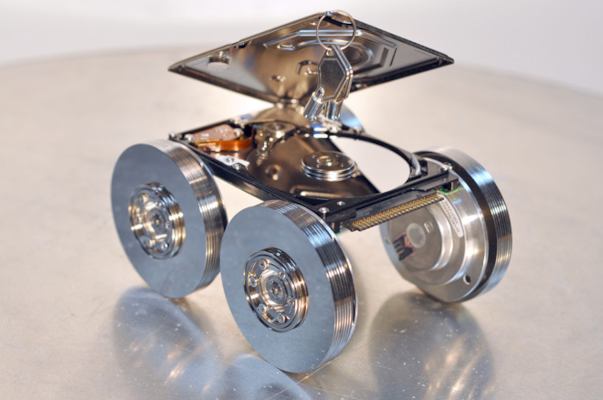 SOUTHWEST ASIA - Mr. Miguel Rivera, 386th Expeditionary Communications Squadron systems administrator, created this miniature car-like vehicle from old hard drive components. (Photo courtesy of Miguel Rivera) 