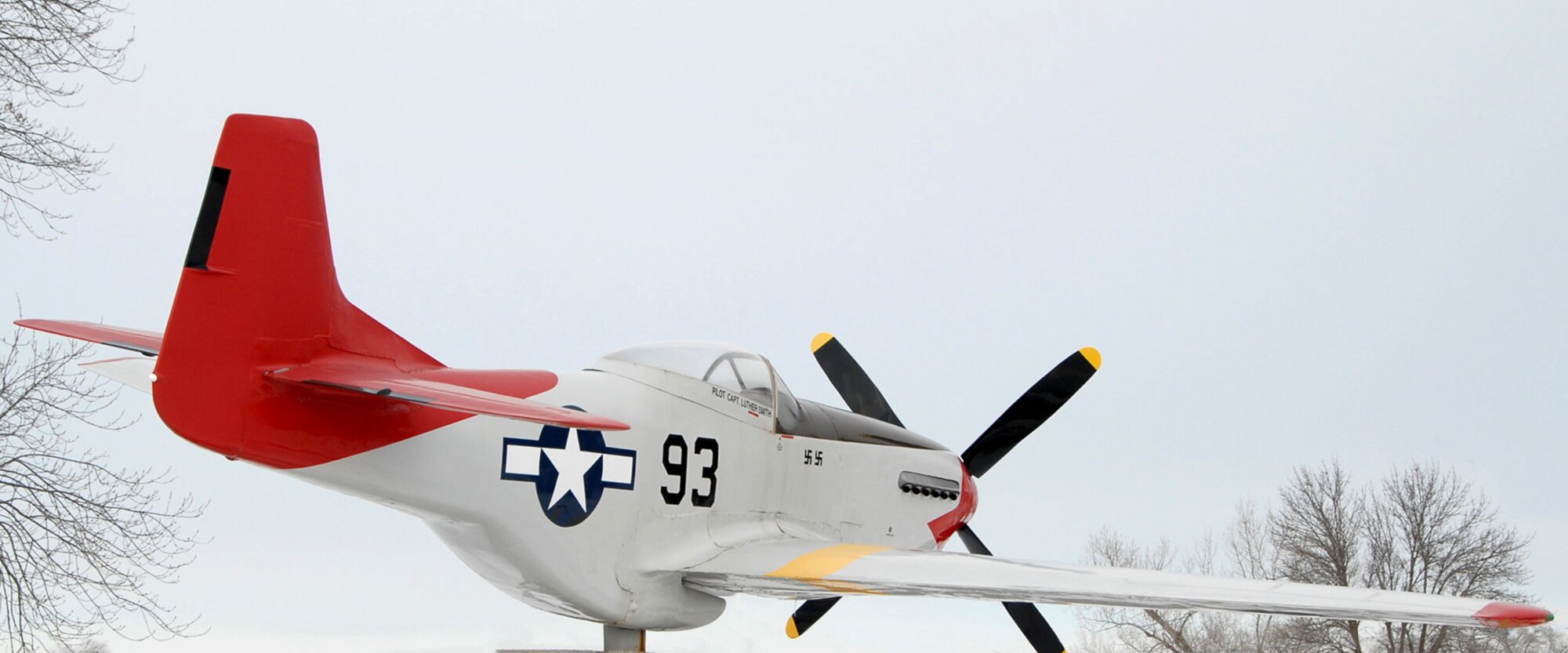 A replica of Capt. Luther Smith's P-51 on static display at the main gate of the 132nd Fighter Wing, Des Moines, Iowa, honors Iowa's Tuskegee Airmen for their contributions during World War II.