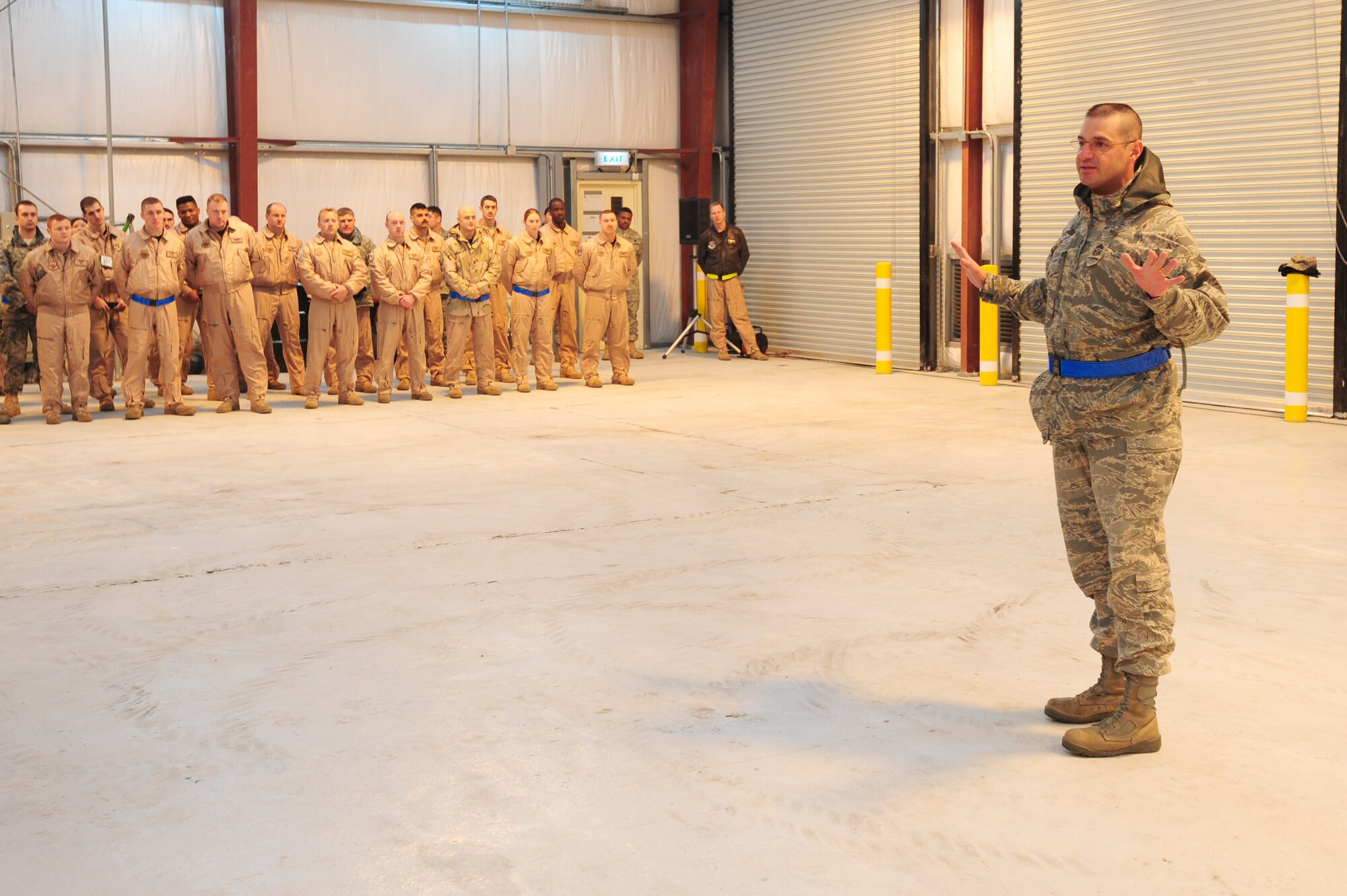 TRANSIT CENTER AT MANAS, Kyrgyzstan -- 92nd Air Refueling Wing Command Chief Master Sgt. David Nordel expresses his thanks to those deployed from Fairchild Air Force Base, Wash. to the Transit Center. Chief Nordel spent time with maintainers and aircrew at Manas and saw the great missions Fairchild Airmen carry out while deployed to Kyrgyzstan. (U.S. Air Force photo/Senior Airman Steele C. G. Britton)