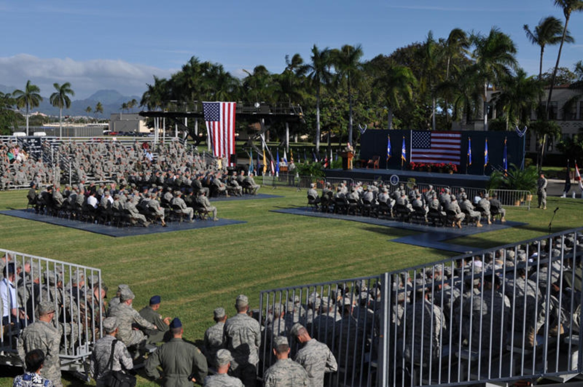 Secretary of the Air Force Michael Donley addresses more than
600 Airmen at Hickam Air Force Base, Hawaii, Dec. 18. Secretary Donley is touring the
Pacific region to visit Airmen and see how they are doing and Hawaii was his
first stop. He will visit Kadena, Yokota, Guam, Kunsan and Osan Air Bases
during his trip. (DoD photo/U.S.  Air Force Tech Sgt. Cohen A. Young)