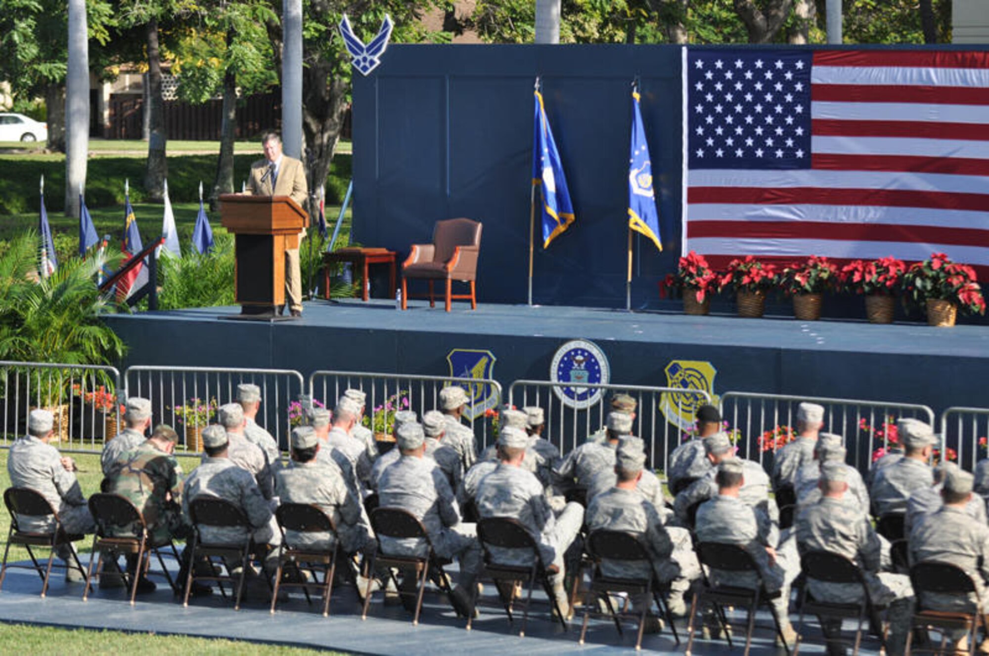 HICKAM AFB - Secretary of the Air Force Michael Donley addresses more than 600 Airmen at Hickam AFB, Hawaii on Dec. 18. Sec. Donley is touring the Pacific region to visit Airmen and see how they are doing and Hawaii was hisfirst stop. He will visit Kadena, Yokota, Guam, Kunsan and Osan Air Bases during his trip. (DoD photo by U.S.  Air Force Tech Sgt. Cohen A. Young)