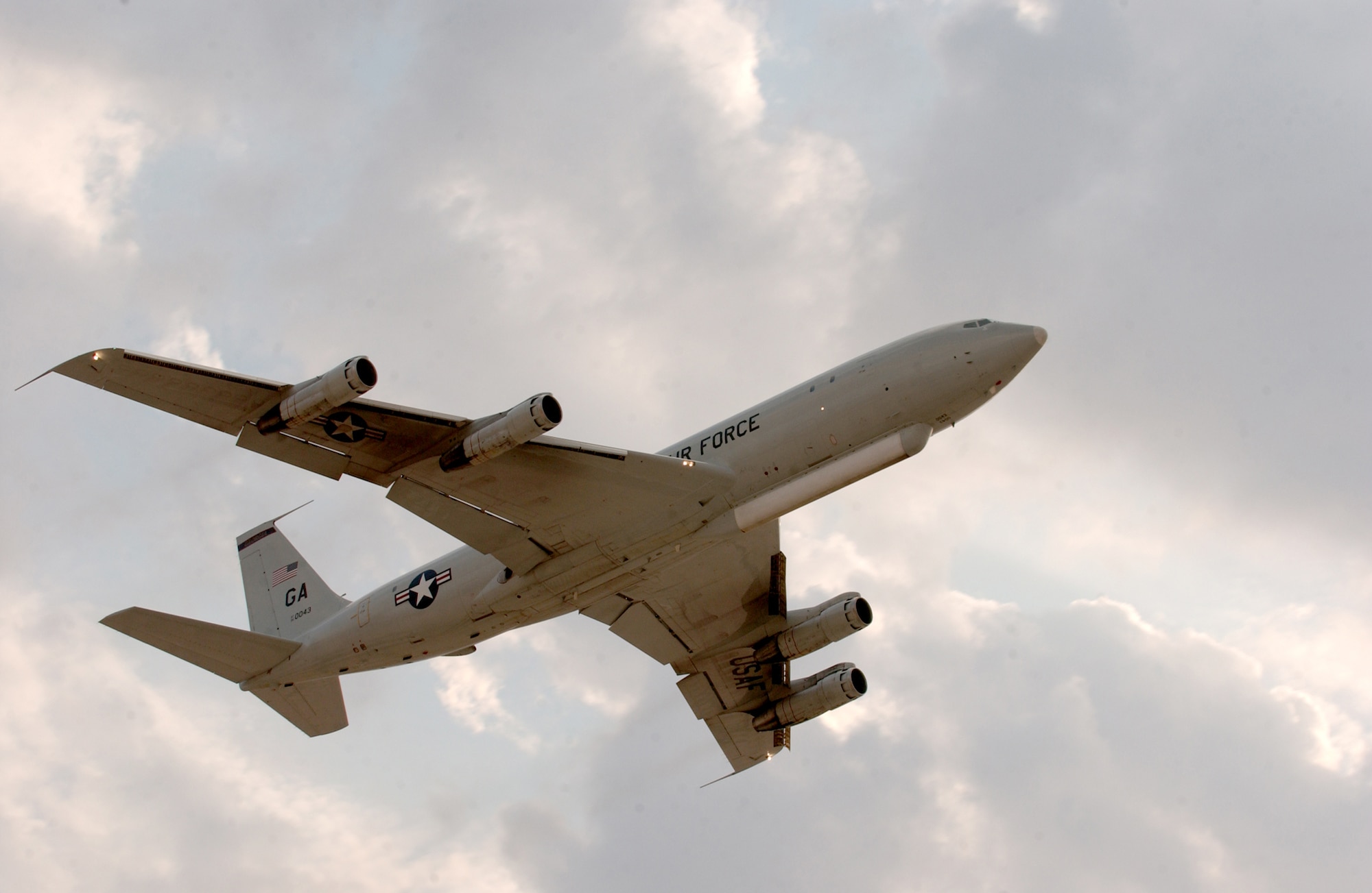 An Air Force E-8C Joint Surveillance Target Attack Radar System aircraft takes off for an intelligence, surveillance and reconnaissance mission.  Engineers with Northrop Grumman Corp., and the 751st Electronic Systems Group at Hanscom Air Force Base, Mass., are working on a program to integrate a special sensor on E-8C aircraft that will provide aircrews with combat identification and reduce fratricide.  (U.S. Air Force file photo)