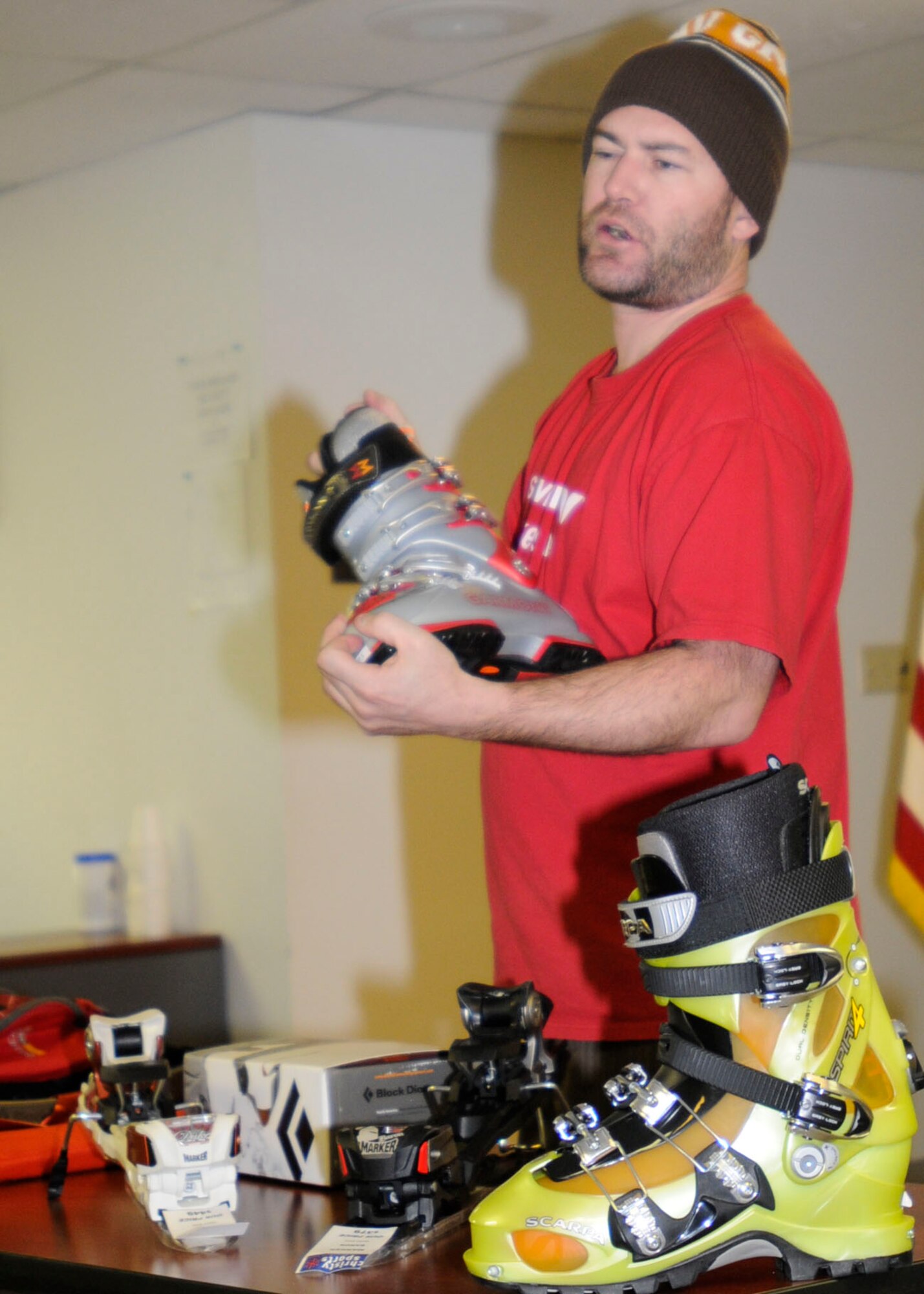Brian Tuliy, an expert skier and backcountry outdoorsman who works at a local sports store, gave a class on the latest in safety equipment for Colorado's rugged environment to Soldiers of the 100th Missile Defense Brigade, (GMD), during the brigade’s safety day. (Army photo by Maj. Laura Kenney)