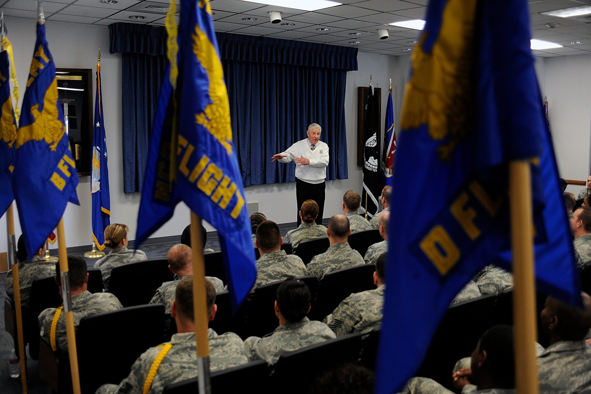 Former Chief Master Sgt. Of the Air Force Robert Gaylor spent an hour with approximately 130 students attending the Forrest L. Vosler Noncommissioned Officer’s Academy here Dec. 11. Chief Gaylor, the fifth chief master sergeant of the Air Force, advised the Airmen to take advantage of the opportunities the Air Force presents them with and to take charge of their careers. During his two-day visit, the chief attended Chief Master Sgt. Tim Omdal’s retirement dinner and retirement ceremony. (Air Force photo by Larry Hulst)