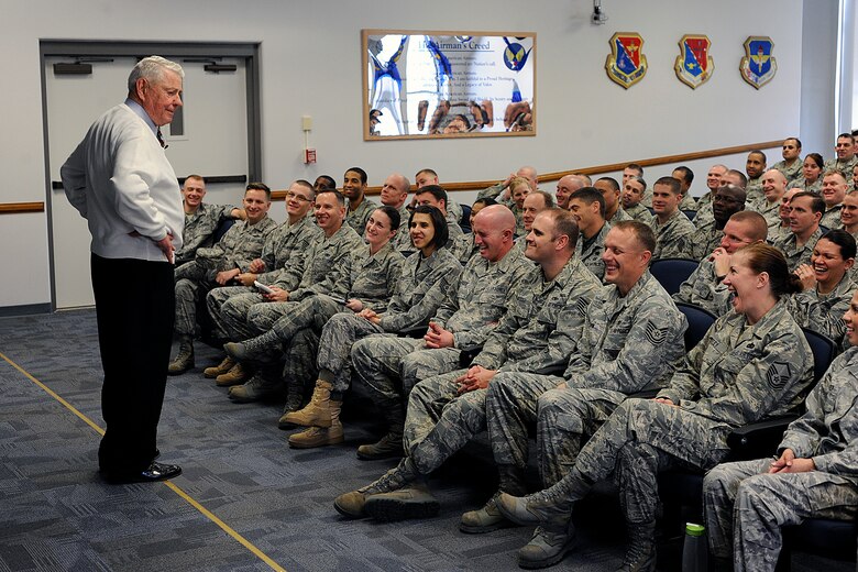 Former Chief Master Sgt. of the Air Force Robert Gaylor spent an hour with approximately 130 students attending the Forrest L. Vosler Noncommissioned Officer’s Academy here Dec. 11. Chief Gaylor, the fifth chief master sergeant of the Air Force, advised the Airmen to take advantage of the opportunities the Air Force presents them with and to take charge of their careers. During his two-day visit, the chief attended Chief Master Sgt. Tim Omdal’s retirement dinner and retirement ceremony. (Air Force photo by Larry Hulst)