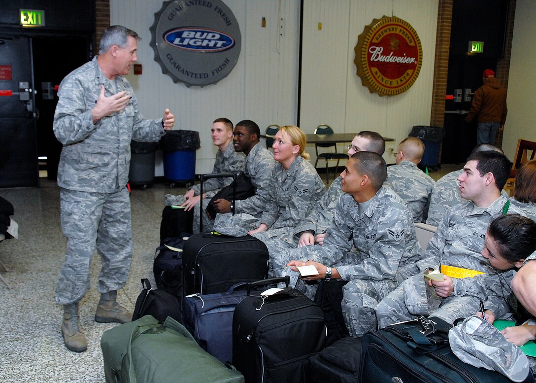 Brig. Gen. O.G. Mannon, 82nd Training Wing commander, talks to Airmen in Training while they wait for their departure for Exodus Dec. 19 at the Airman’s Club. More than 4,500 Airmen deployed home for the holidays this year. (U.S. Air Force photo/Mike Litteken)