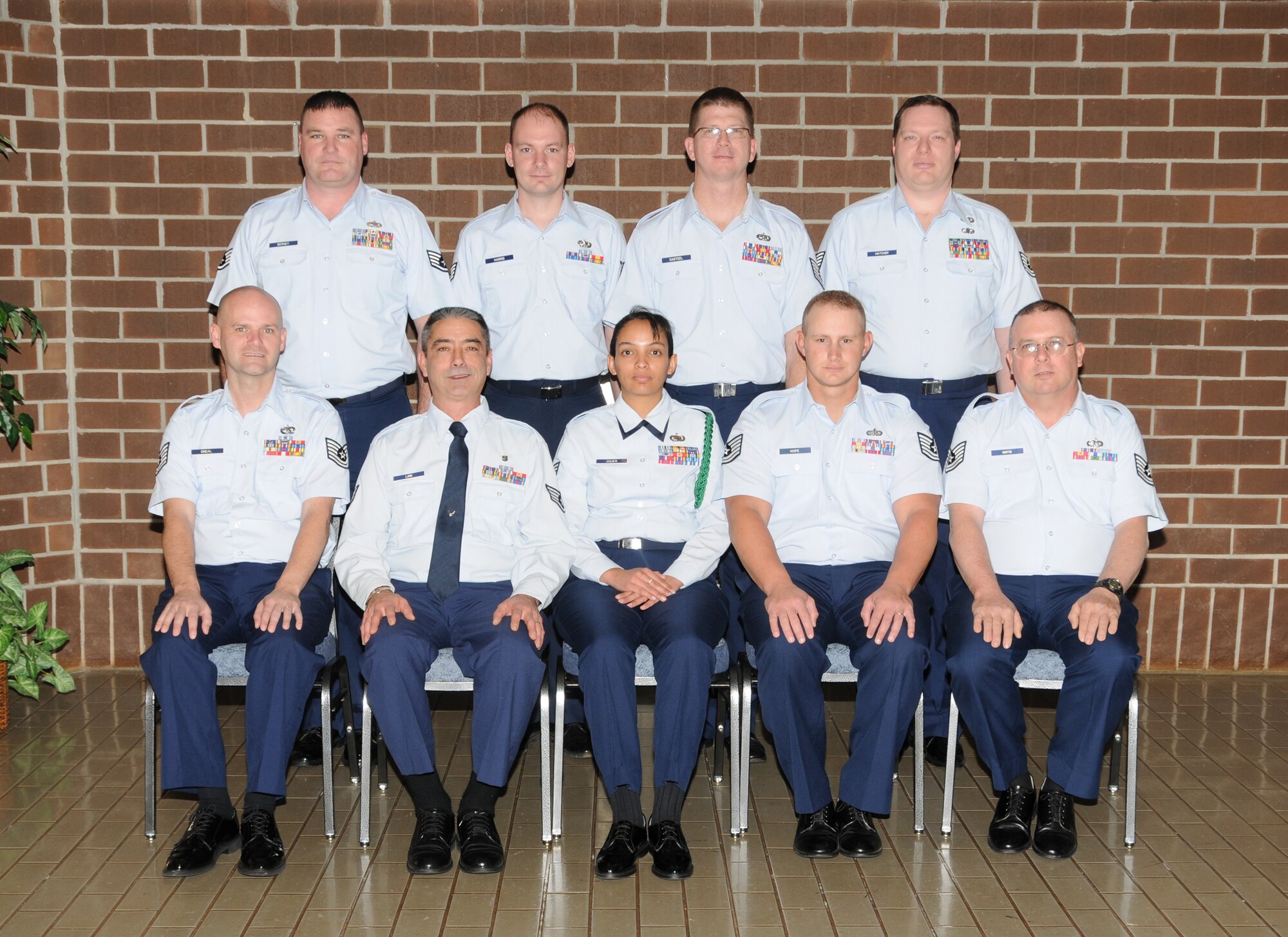 McGHEE TYSON AIR NATIONAL GUARD BASE, Tenn. -- Satellite NCO Academy Class 10-2, 134th ARW "Volunteers", gathers at The I.G. Brown Air National Guard Training and Education Center here, Dec. 4, 2009.  Pictured (L-R standing) are Staff Sgt. Christopher L. Berney, Staff Sgt. Christopher A. Harris, Tech. Sgt. Doyle E. Casteel, Jr., Tech. Sgt. David R. Hatcher, (L-R sitting) Tech. Sgt. Michael K. O'Neal, Tech. Sgt. Aaron N. Link, Tech. Sgt. Venus D. Julien, Tech. Sgt. Christopher B. Hope, and Tech. Sgt. Monti S. Martin.  (U.S. Air Force photo by Master Sgt. Kurt Skoglund/Released)