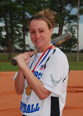 “My father drove me to do my best, and I’ve always tried to follow his advice,” said Master Sgt. Karrie Warren, the 2009 U.S. Air Force Female Athlete of the Year, seen here in her Air Force softball uniform. (U.S. Air Force photo/Maj. Steve Burke) 
