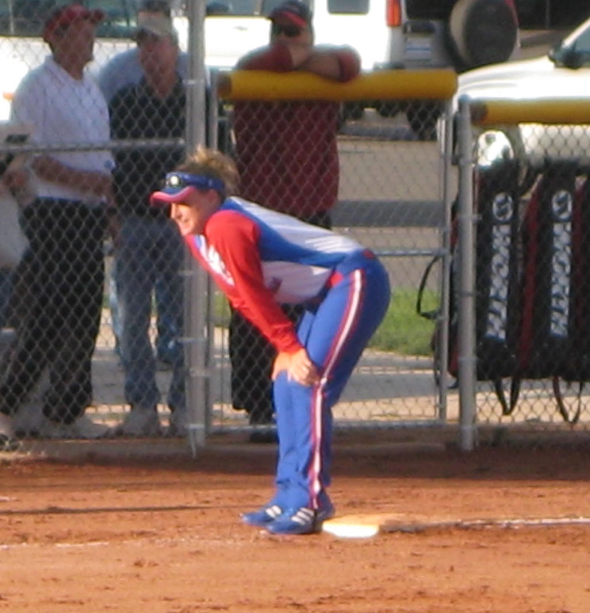 Master Sgt. Karrie Warren eyes home plate from third base during the 2009 Armed Forces Tournament held at Naval Air Station Pensacola, Fla., Sept. 19-24. Sergeant Warren was awarded the 2009 U.S. Air Force Female Athlete of the Year.  (U.S. Air Force photo by Steve Brown)