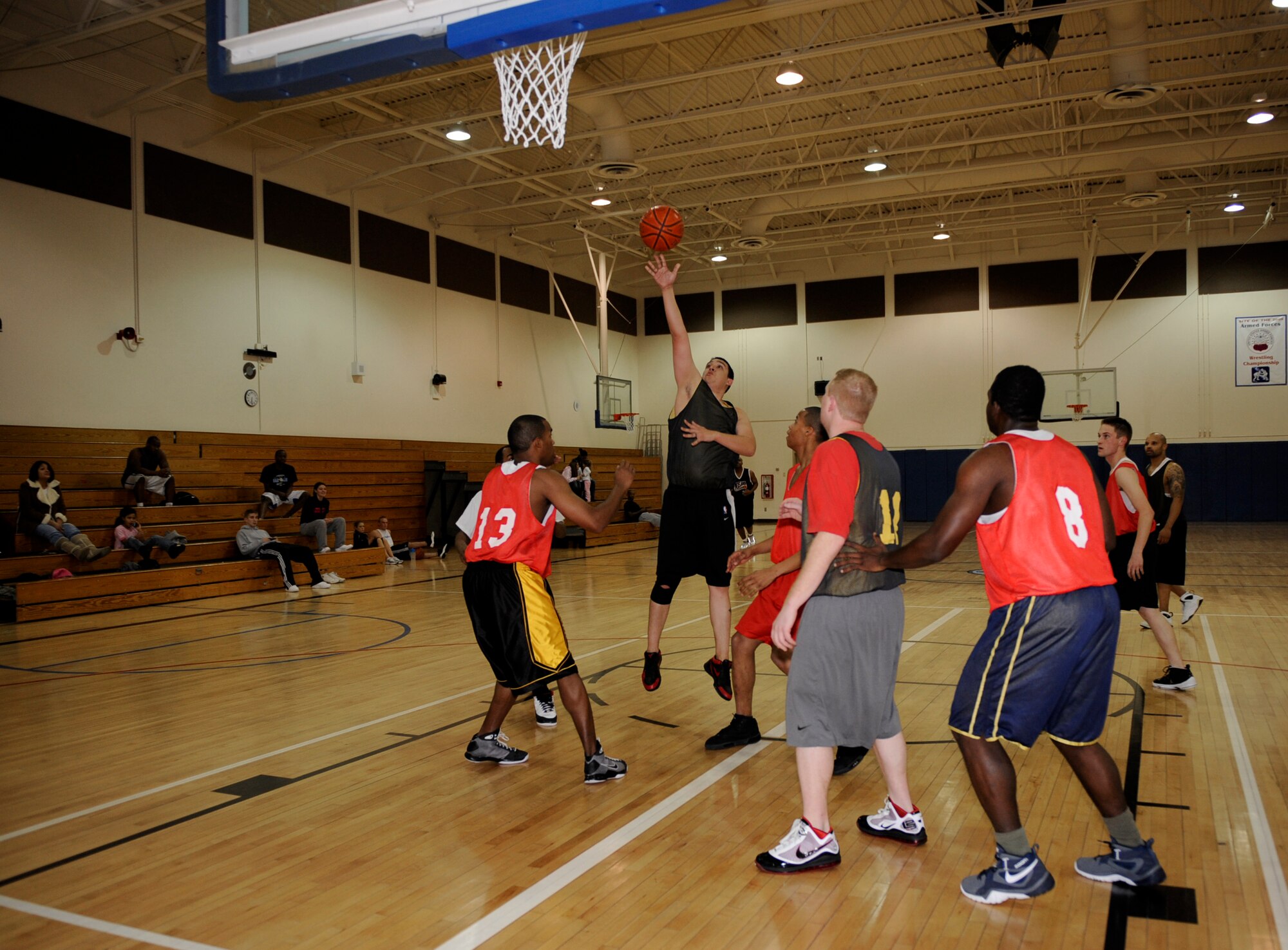 MOUNTAIN HOME AIR FORCE BASE, Idaho -- James Herrara, 366th Security Forces Squadron power forward, takes a shot during an intramural basketball game against the 366th Component Maintenance Squadron Dec. 15. CMS upset an undefeated SFS 46-45. (U.S. Air Force photo by Airman 1st Class Renishia Richardson)