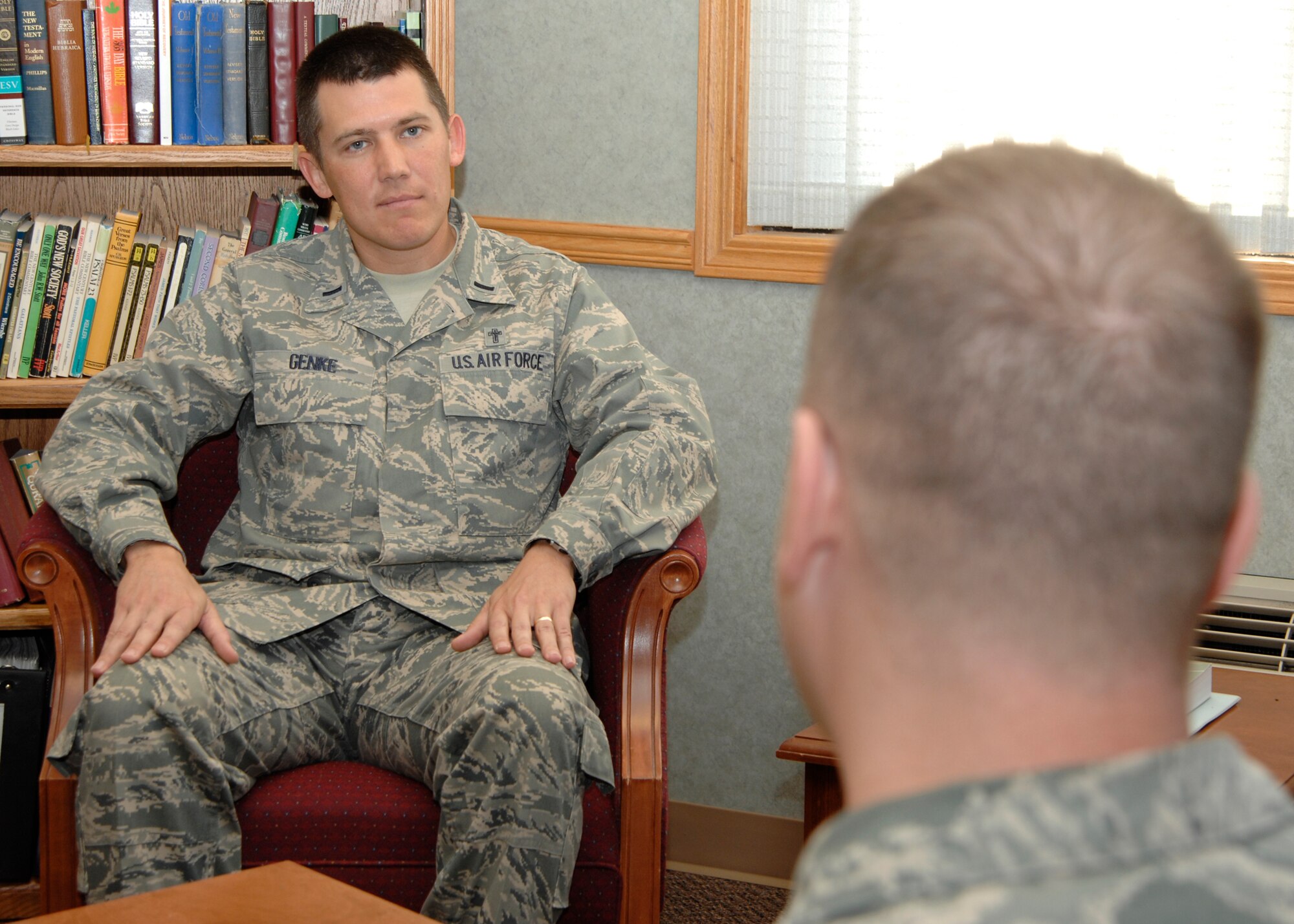 Chaplain (1st Lt.) Quentin Genke, a 22nd Air Refueling Wing chaplain, provides counseling for an Airman, Dec. 1, 2009, at the McConnell Air Force Base, Kan., Chapel. Chaplains provide privileged, or confidential, counseling to Airmen and their families. Chaplain Genke is the newest member of the Team McConnell chaplain staff. (U.S. Air Force photo/Justin A. Shelton)