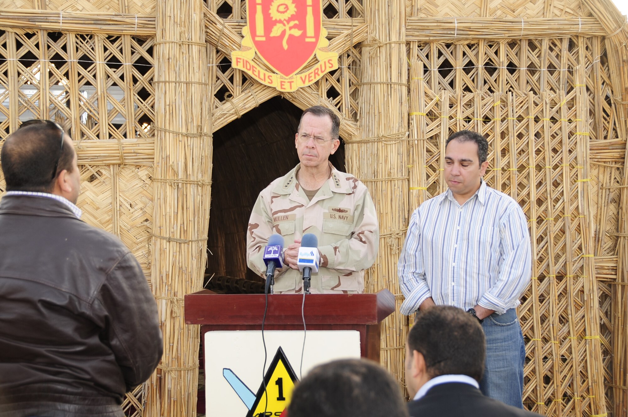 ALI BASE, Iraq - Adm. Mike Mullen, Chairman of the Joint Chiefs of Staff, speaks with Iraqi and American media during a press conference here December 18th. The admiral discussed recent progress in Southwest Asia.  (U.S. Air Force photo/Master Sgt. Darrell Habisch)
