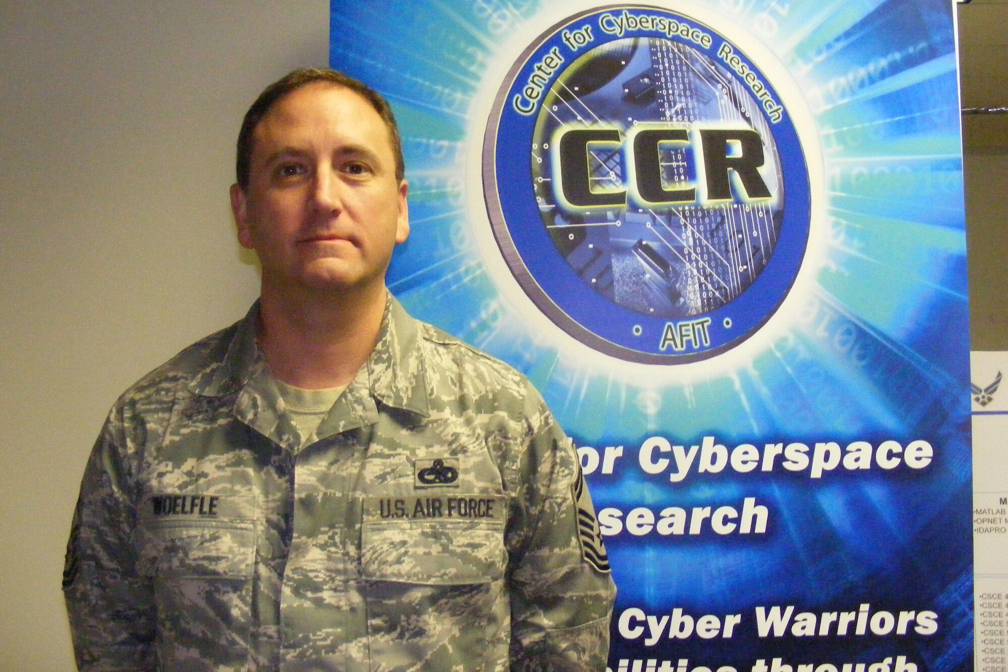 Senior Master Sgt. Michael Woelfle of AFIT's Center for Cyber Research at Wright-Patterson Air Force Base, Ohio, is newly assigned to develop the upcoming Cyber Professional Continuing Education curricula. (U.S. Air Force photo)