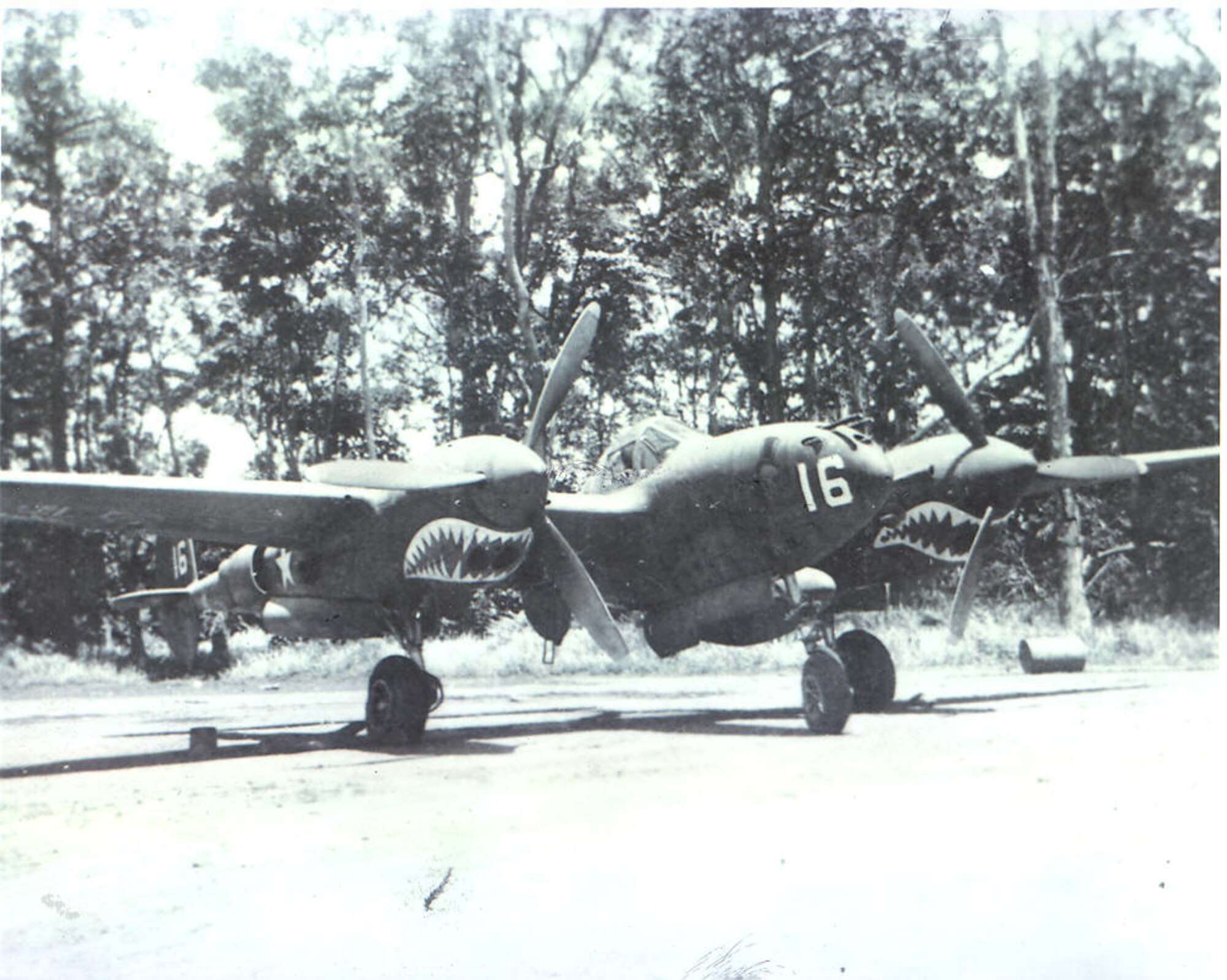 The P-38 Lightening flown by Capt Bob Farout that literally “splashed one Zero” for the first aerial victory in a P-38. (Photo courtesy of the 35th Fighter Wing History Office)
