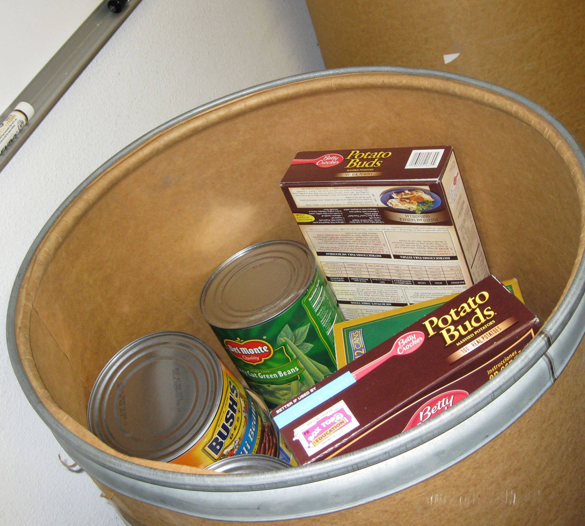 TRAVIS AIR FORCE BASE, Calif. -- This is one of the many food donation barrels used throughout the wing in the 349th Chaplain’s Annual Holiday Food Drive, Dec 22.  349th Wing members generously donated more than 5,460 pounds of food to help feed local area families. Keep an out for them next year so the food drive may continue to grow each year.   (U.S. Air Force photo/Patti Schwab-Holloway)               