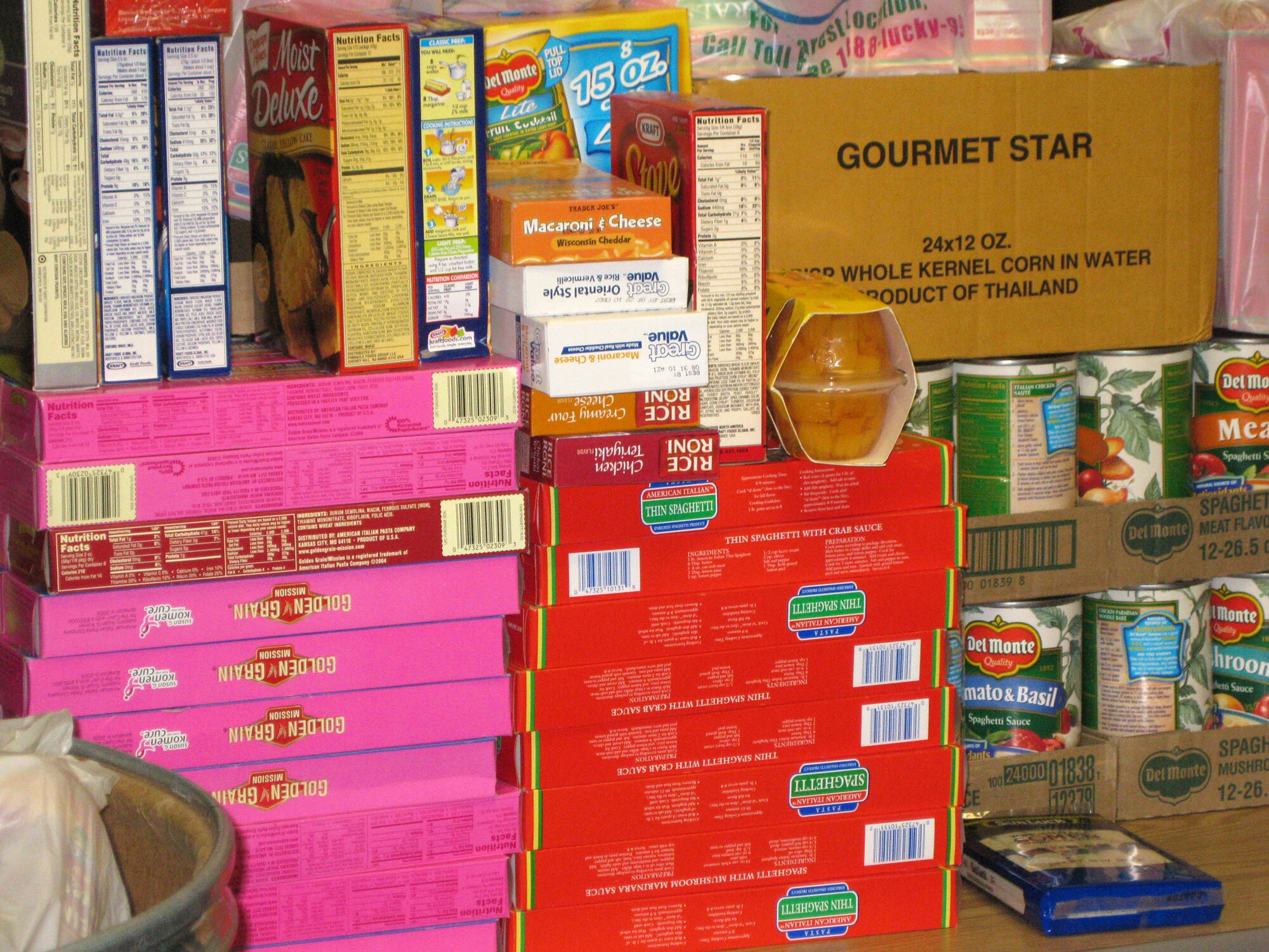 RAVIS AIR FORCE BASE, Calif. -- This is just a small portion of the food donated by the men and women of the 349th Air Mobility Wing.  Wing members  generously donated more than 5,460 pounds of food to the 349th Chaplain’s Annual Holiday Food Drive, Dec. 22.  (U.S. Air Force photo/Patti Schwab-Holloway) 