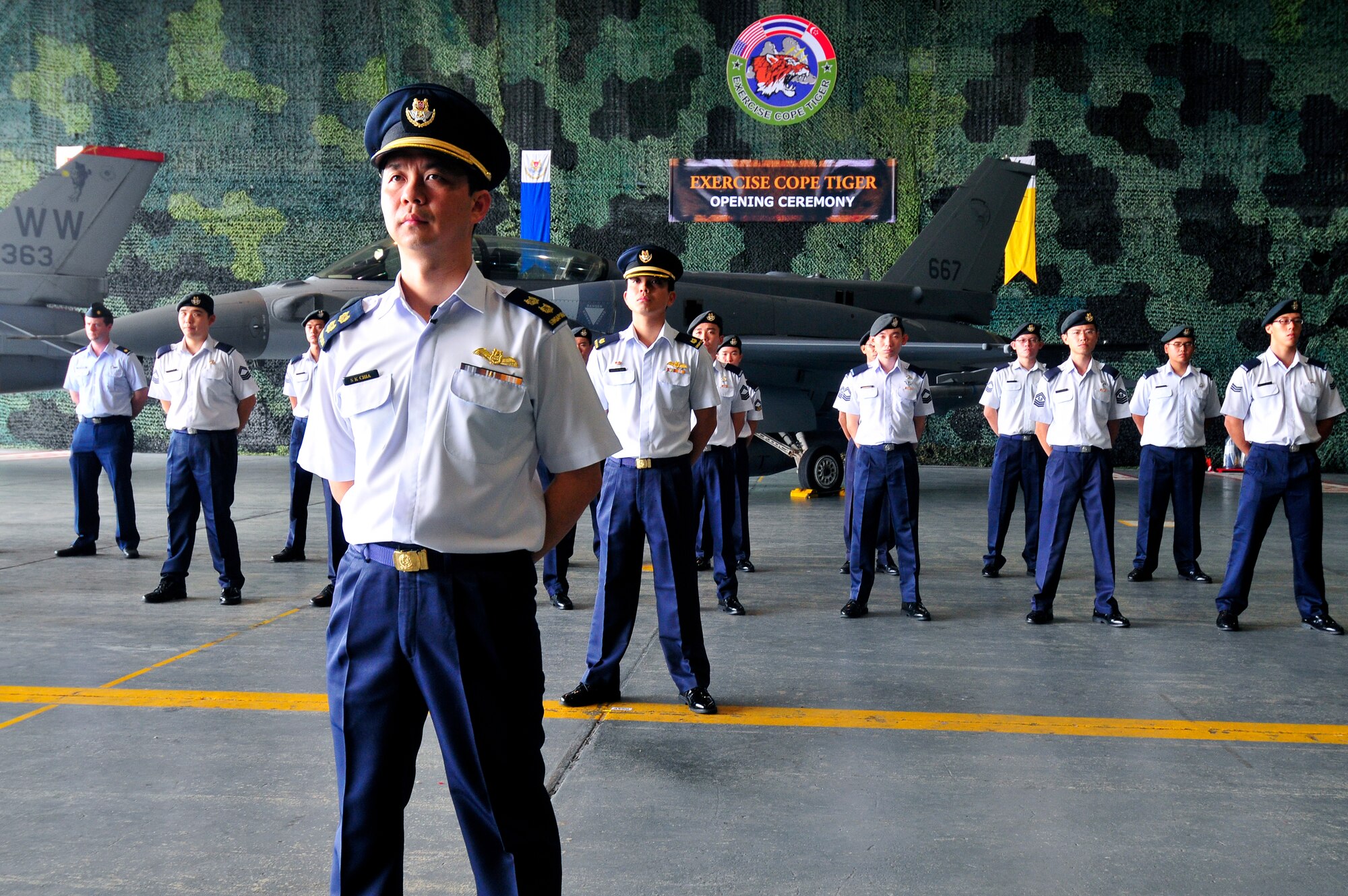 Republic of Singapore Air Force Airmen stand in formation during the Cope Tiger 2010 opening ceremony Dec. 17 at Changi Air Base, Singapore.  Personnel from the U.S., Singaporean and Thai militaries will participate in the field training exercise scheduled for March 2010.  Cope Tiger is an annual, multilateral aerial large force exercise conducted in Thailand. (Courtesy photo)