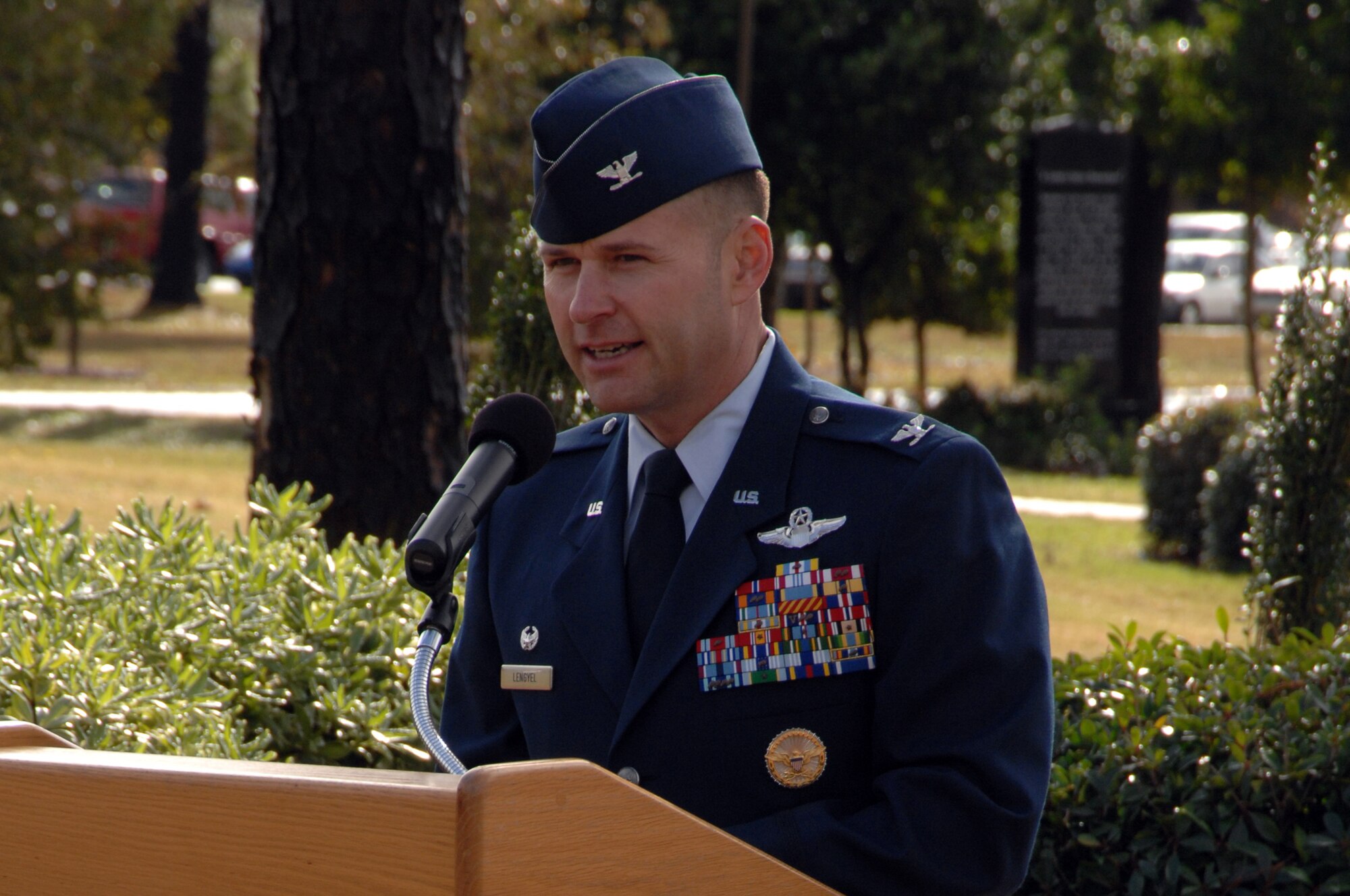 Col. Greg Lengyel, 1st Special Operations Wing commander, speaks at the commemoration of the 20th anniversary of Operation Just Cause at the Hurlburt Field Airpark Dec. 18. The 1st SOW led the air component in the operation in Panama and transported Panamanian Gen. Manuel Noriega to prison in Florida. (U.S. Air Force photo by Senior Airman Matthew Loken)
