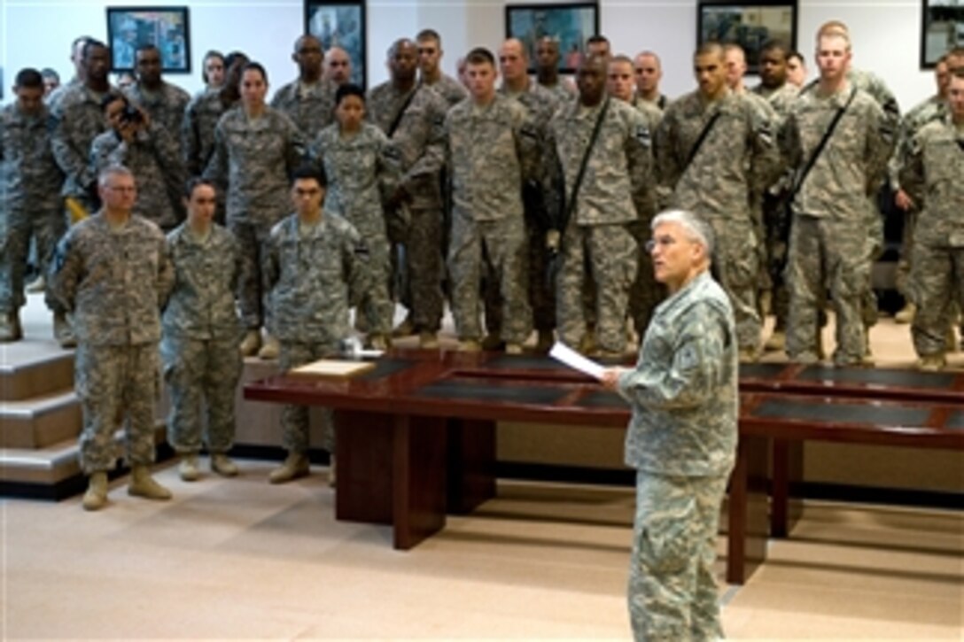 Chief of Staff of the Army Gen. George W. Casey Jr. speaks to soldiers of the 1st Cavalry Division about the significance of their service while visiting Camp Victory, Iraq, on Dec. 20, 2009.  