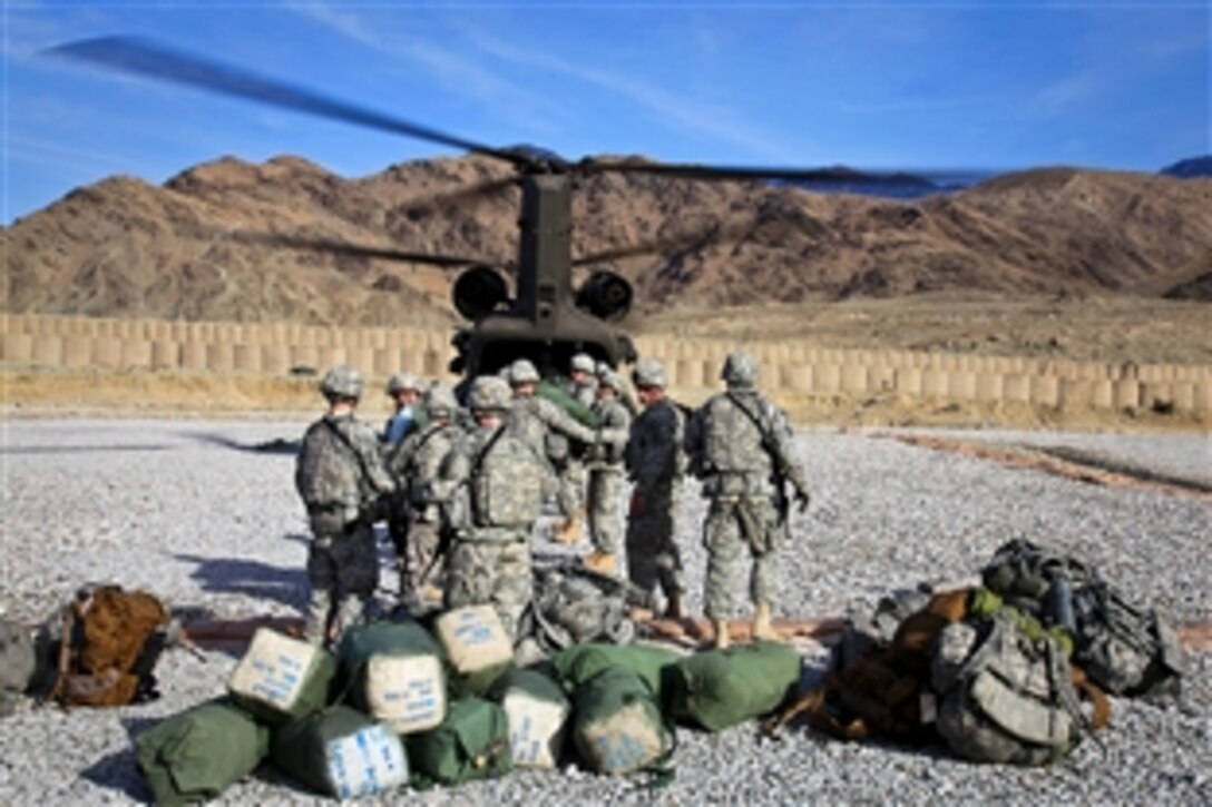 U.S. Army soldiers arrive on Forward Operation Base Joyce, Afghanistan, in a CH-47D Chinook helicopter, Dec. 17, 2009. The soldiers are assigned to the 173rd Airborne Brigade.