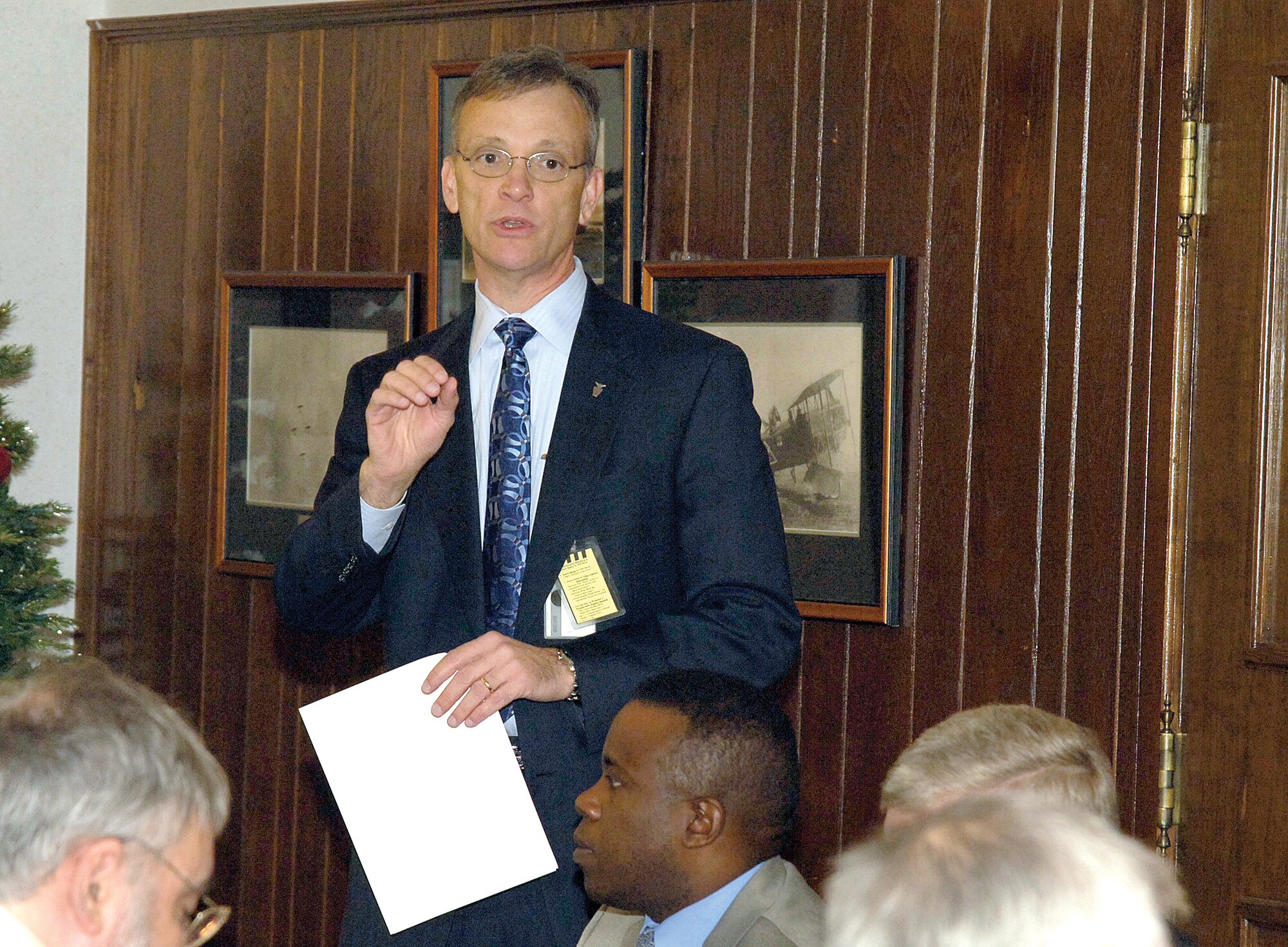 Russell Howard, director of the Oklahoma City Air Logistics Center’s Engineering and Technical Management Directorate, welcomes attendees to an Industrial/Systems Engineering Day at Tinker Dec 9 hosted by EN.  The day brought educational, industrial and Tinker leaders together to share ideas toward keeping aging aircraft flying while lowering cost and time requirements. (Air Force photo by Margo Wright)
