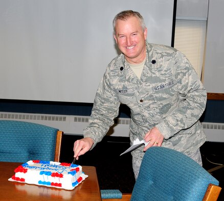 NIAGARA FALLS AIR RESERVE STATION, NIAGARA FALLS, NY-- Lieutenant Colonel Timothy McCoy, 914th Mission Support Group Commander, celebrates his promotion to the rank of Brigadier General, December 22. (U.S. Air Force photo by Staff Sgt Stephanie Clark) (released)