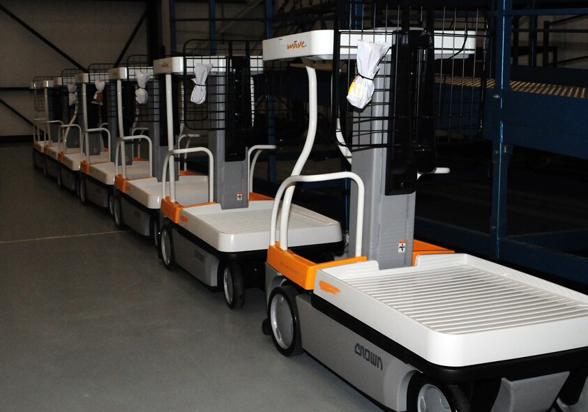 The 100th Maintenance Group purchased seven mobile maintenance platforms as part of an AFSO 21 project. The new platforms allow maintainers to easily access all areas of the aircraft in minutes, rather than spending in excess of 20 minutes using several people to position one of the old stands used prior to the purchase. (U.S. Air Force photo by Karen Abeyasekere)