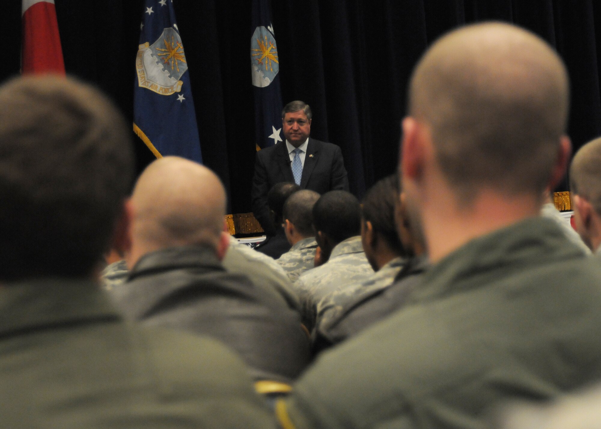 YOKOTA AIR BASE, Japan -- Secretary of the Air Force Michael Donley discusses current Air Force issues and the future of the force during an Airman's Call here Dec. 23. Secretary Donley will visit several Air Force bases in the Pacific region during the holiday season. This was the secretary’s first visit to Yokota since he was sworn in as the 22nd secretary of the Air Force on Oct. 17, 2008. (U.S. Air Force photo/Airman 1st Class Sean Martin) 