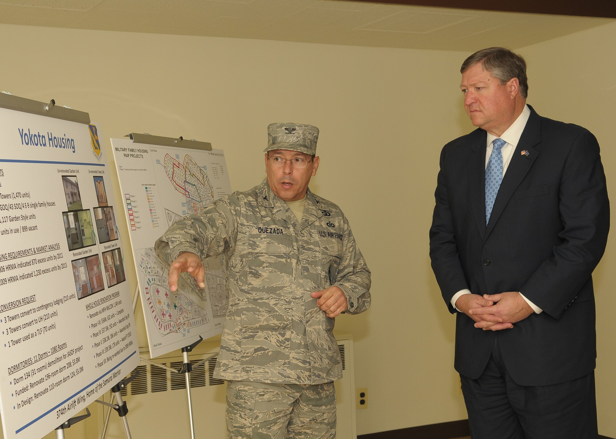 YOKOTA AIR BASE, Japan -- Col. Rafael Quezada, 374th Mission Support Group commander, briefs Secretary of the Air Force Michael Donley on current housing issues on base Dec. 23. Secretary Donley will visit several Air Force bases in the Pacific region during the holiday season. This was the secretary’s first visit to Yokota since he was sworn in as the 22nd secretary of the Air Force on Oct. 17, 2008. (U.S. Air Force photo/Airman 1st Class Sean Martin)