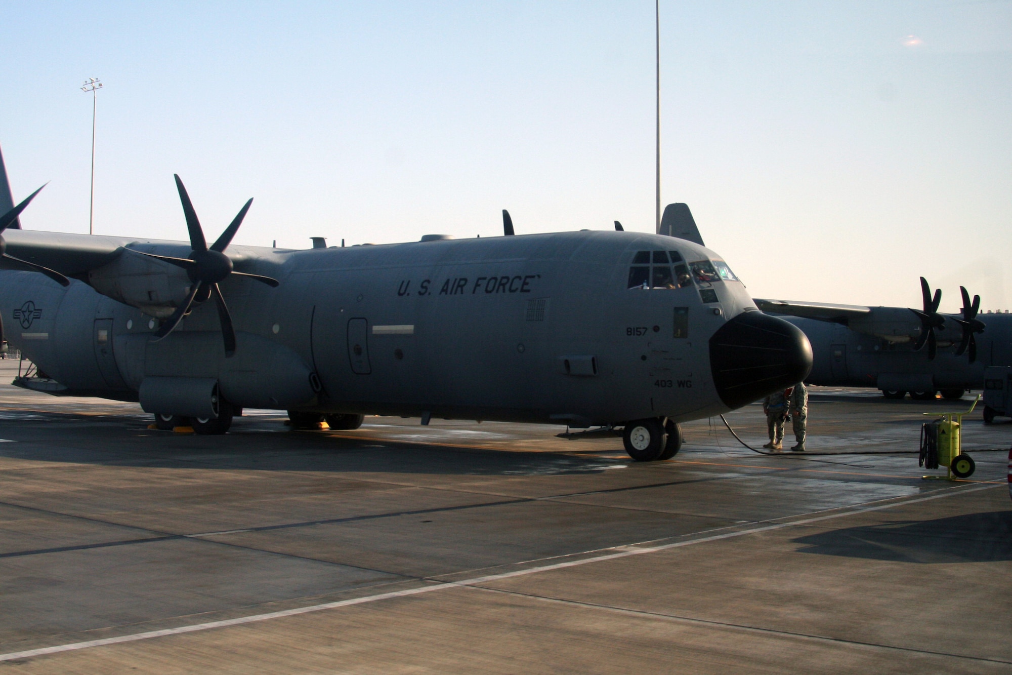 A C-130J Hercules prepares for a mission for Operation Enduring Freedom at an undisclosed base in Southwest Asia on Dec. 25, 2009. The C-130 is one of the lead airlift aircraft the Air Force and Air Mobility Command uses to "fly, fight and win...in air, space and cyberspace." (U.S. Air Force Photo/Tech. Sgt. Scott T. Sturkol)