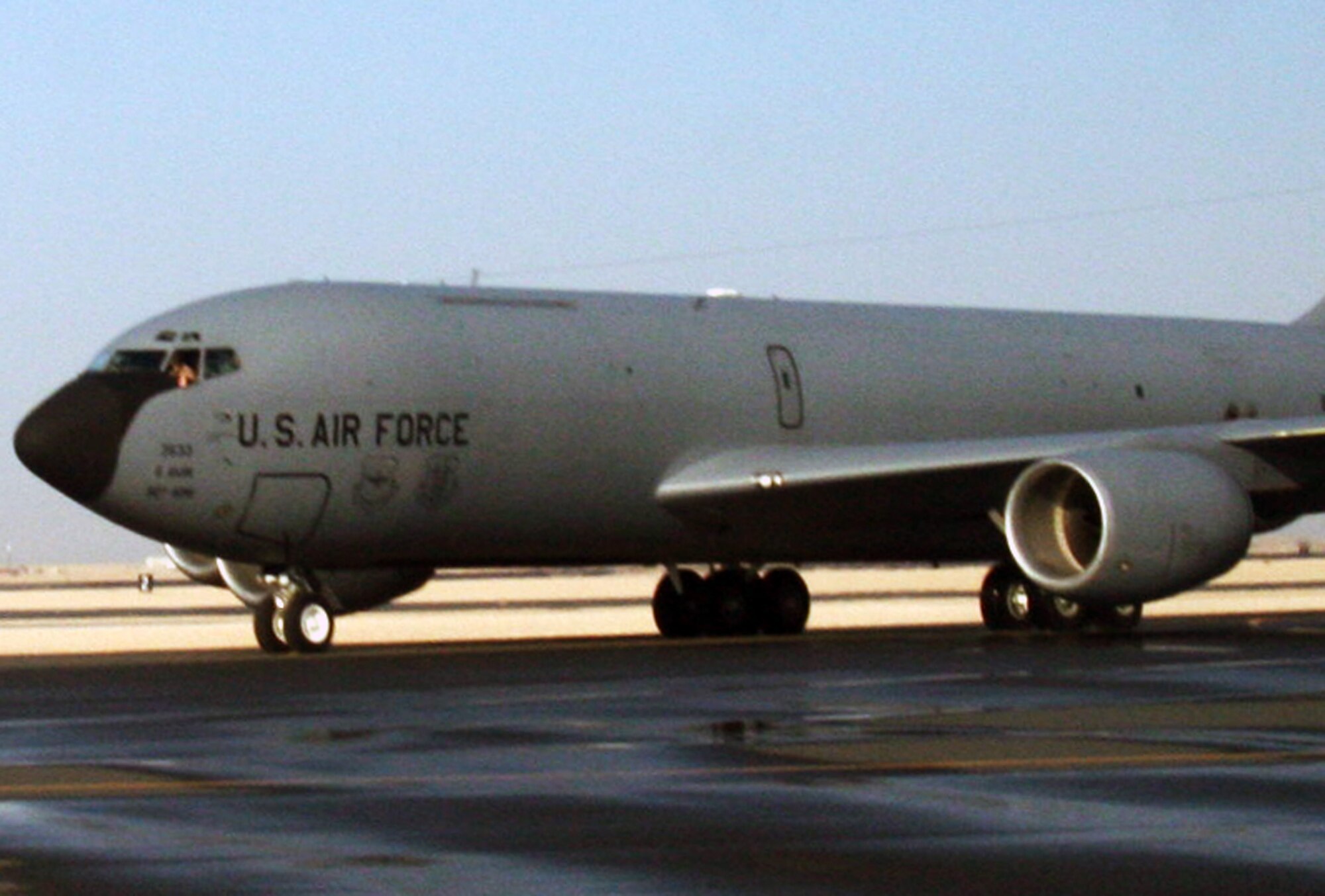 A KC-135R Stratotanker departs for an air refueling mission at an undisclosed base in Southwest Asia on Dec. 25, 2009. The KC-135, operated by the U.S. Air Force's Air Mobility Command, is one of the lead airlift aircraft the Air Force uses to "fly, fight and win...in air, space and cyberspace." (U.S. Air Force Photo/Tech. Sgt. Scott T. Sturkol)