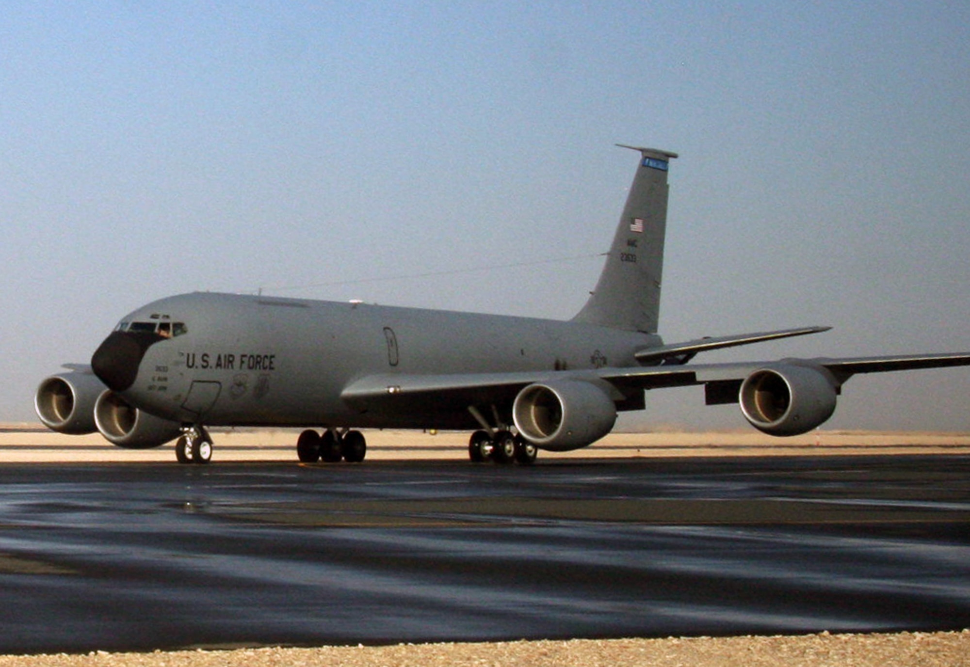 A KC-135R Stratotanker taxies out for a mission during operations at an undisclosed base in Southwest Asia on Dec. 25, 2009. The KC-135, operated by the U.S. Air Force's Air Mobility Command, is one of the lead air refueling aircraft the Air Force uses to "fly, fight and win...in air, space and cyberspace." (U.S. Air Force Photo/Tech. Sgt. Scott T. Sturkol)