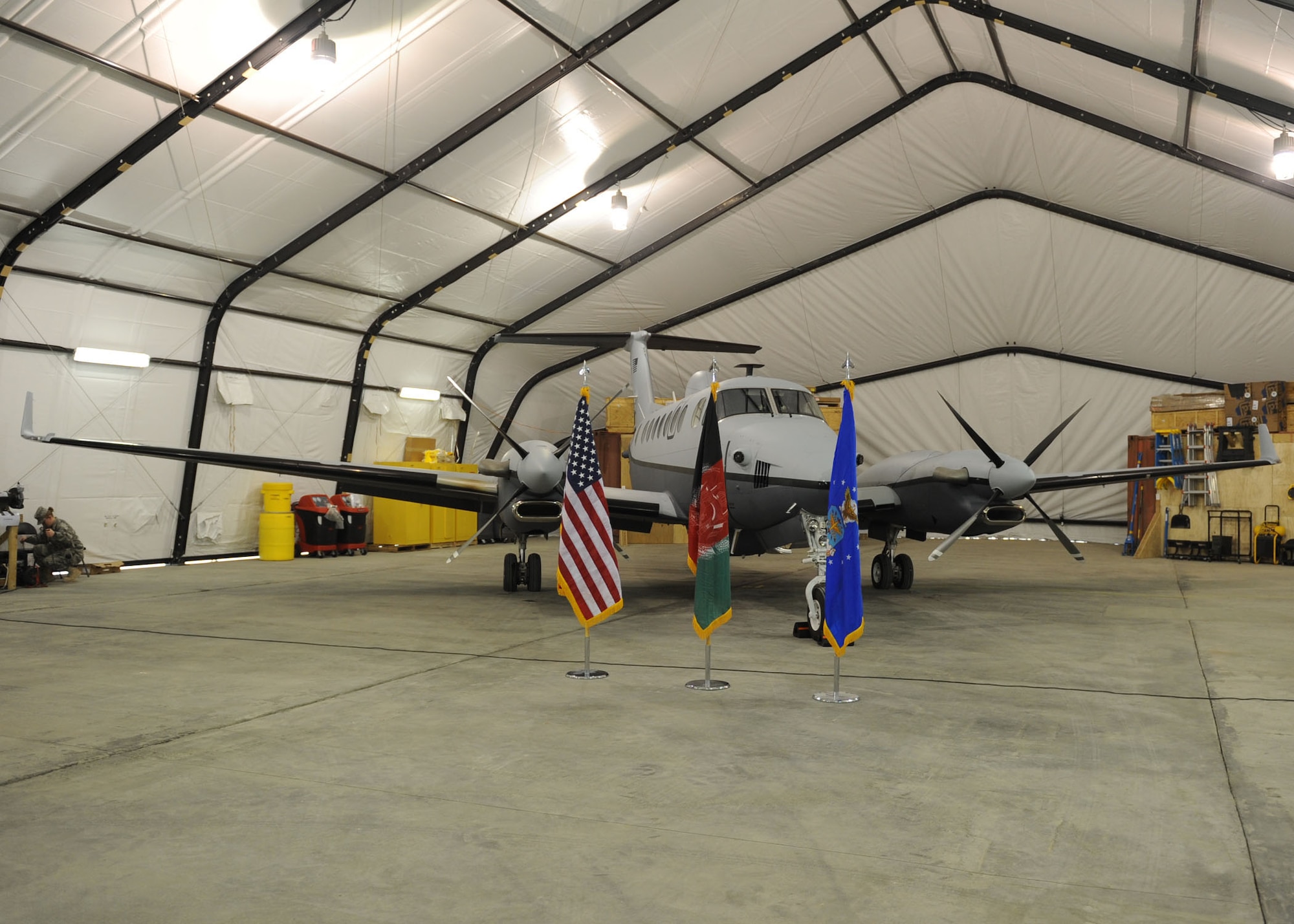 BAGRAM AIRFIELD, Afghanistan -- Bagram Airfield welcomed its first Air Force MC-12 to its flying family Dec. 27, 2009.  The aircraft brings another capability to Operation Enduring Freedom because the MC-12 is not just an aircraft, but a complete collection, processing, analysis and dissemination system of Airmen committed to securing Afghanistan and protecting Afghan and Coalition lives.  (U.S. Air Force photo/Senior Airman Felicia Juenke)