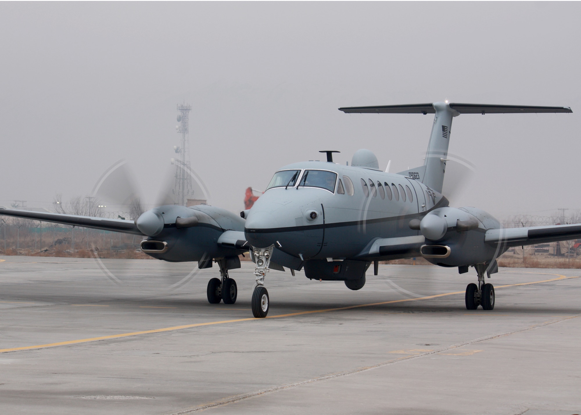 BAGRAM AIRFIELD, Afghanistan -- Bagram Airfield welcomed its first Air Force MC-12 to Afghanistan Dec. 27, 2009.  The aircraft brings another capability to Operation Enduring Freedom because the MC-12 is not just an aircraft, but a complete collection, processing, analysis and dissemination system of Airmen committed to securing Afghanistan and protecting Afghan and Coalition lives.  (U.S. Air Force photo/Airman 1st Class David Gurley)