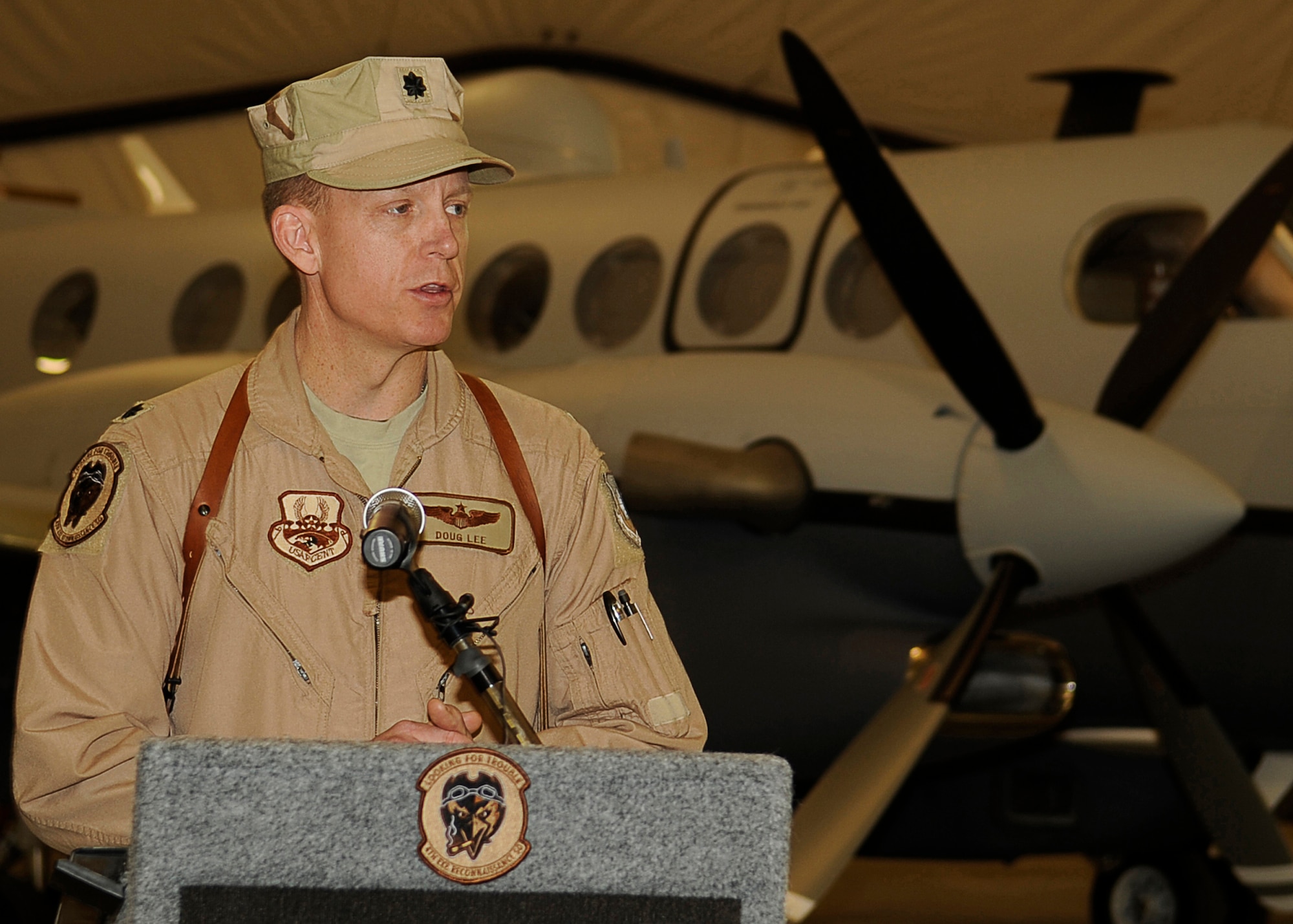 BAGRAM AIRFIELD, Afghanistan -- Col. Douglas Lee, commander of the new 4th Expeditionary Reconnaissance Squadron, speaks at the activation of the 4th ERS Dec. 27, 2009.  (U.S. Air Force photo/Tech. Sgt. Jeromy K. Cross)