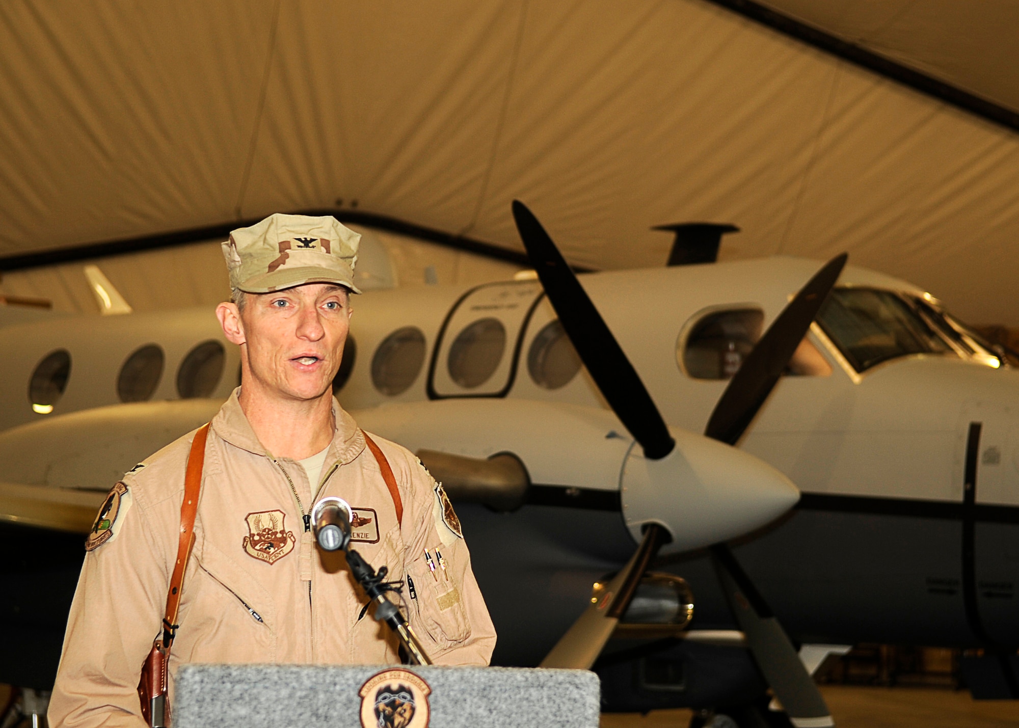 BAGRAM AIRFIELD, Afghanistan -- Col. Patrick McKenzie 455th Air Expeditionary Wing Operations Group Commander, speaks at the activation of the 4th Expeditionary Reconnaissance Squadron Dec. 27, 2009. (U.S. Air Force photo/Tech. Sgt. Jeromy K. Cross)