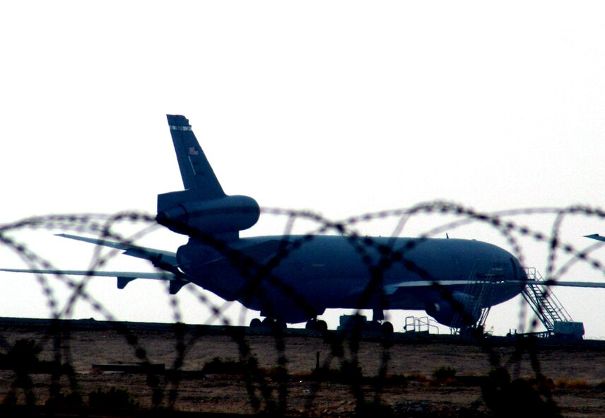 A KC-10 Extender is parked on the flightline in a non-disclosed location in Southwest Asia on Dec. 27, 2009. KC-10 Extenders are one of the airframes deployed to the 380th Air Expeditionary Wing providing air refueling support for Operations Enduring Freedom and Iraqi Freedom and Joint Task Force-Horn of Africa.  The KC-10 is an Air Mobility Command advanced tanker and cargo aircraft that can move up to 170,000 pounds of cargo or carry more than 356,000 pounds of fuel.  (U.S. Air Force Photo/Tech. Sgt. Scott T. Sturkol)