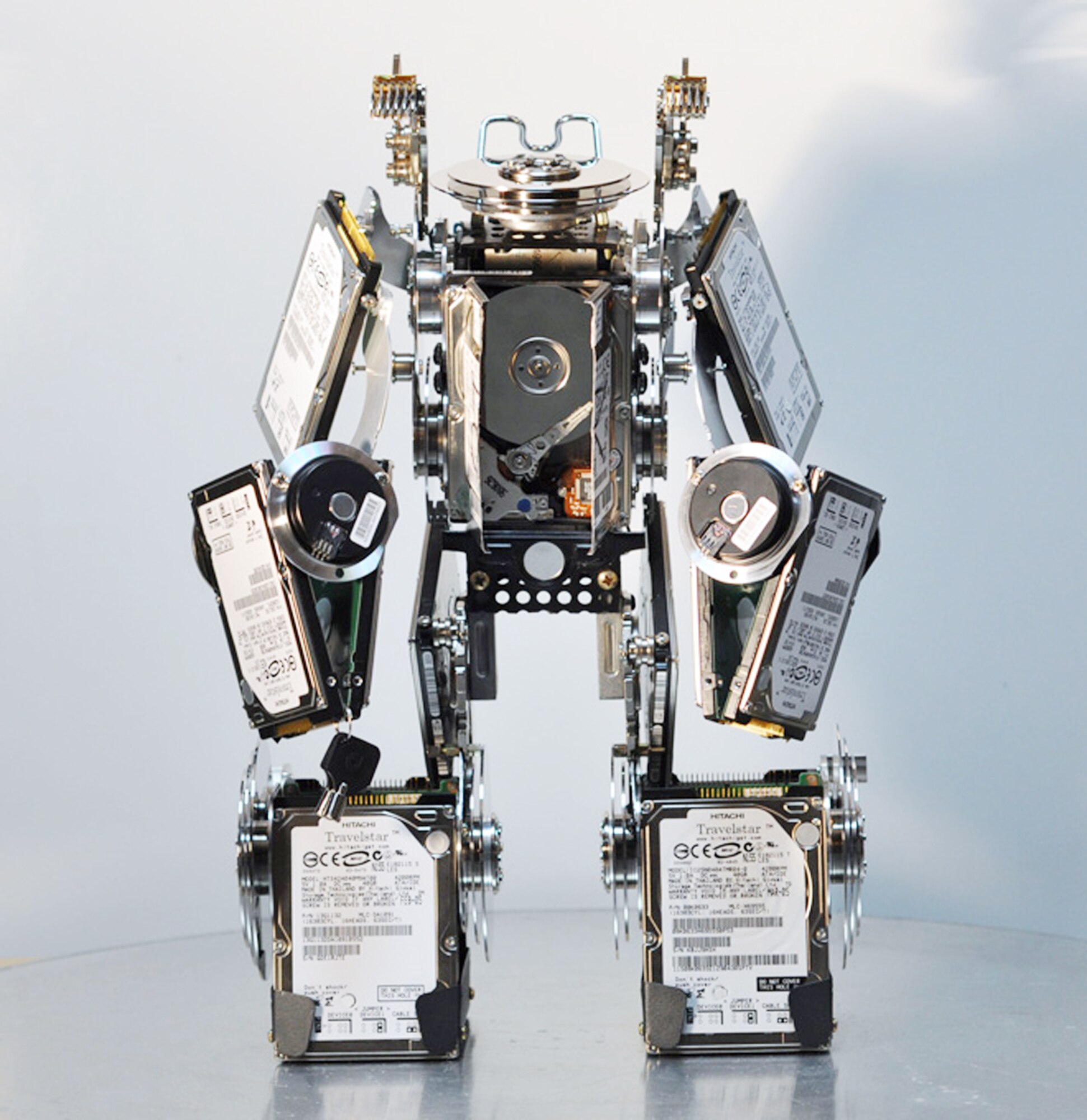 Miguel Rivera created this robot sculpture from old hard drive components. It took him almost two full weeks to complete. Mr. Rivera is a 386th Expeditionary Communications Squadron systems administrator in Southwest Asia. (Courtesy photo /Miguel Rivera)
